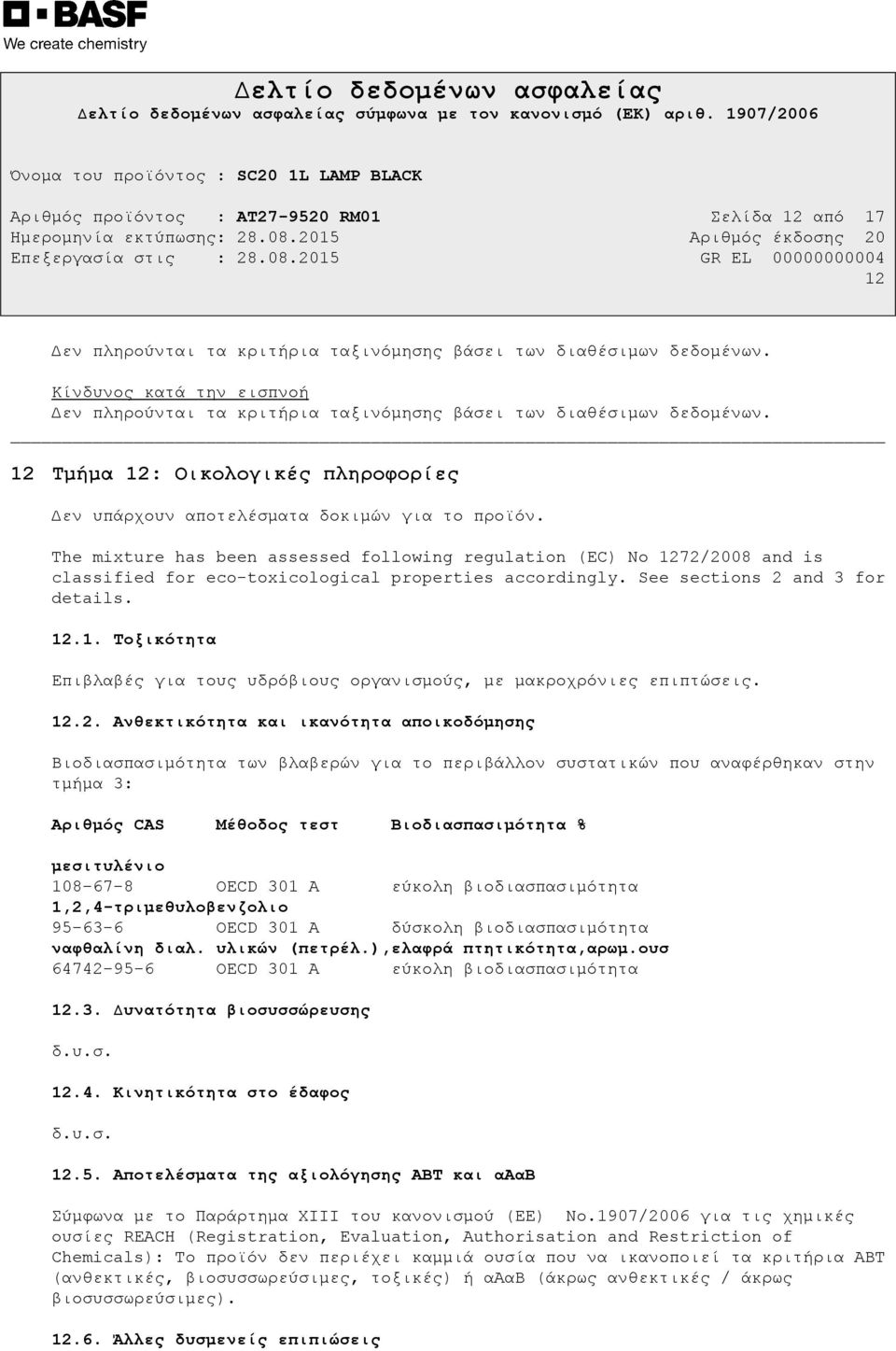 The mixture has been assessed following regulation (EC) No 1272/2008 and is classified for eco-toxicological properties accordingly. See sections 2 and 3 for details. 12.1. Τοξικότητα Επιβλαβές για τους υδρόβιους οργανισµούς, µε µακροχρόνιες επιπτώσεις.