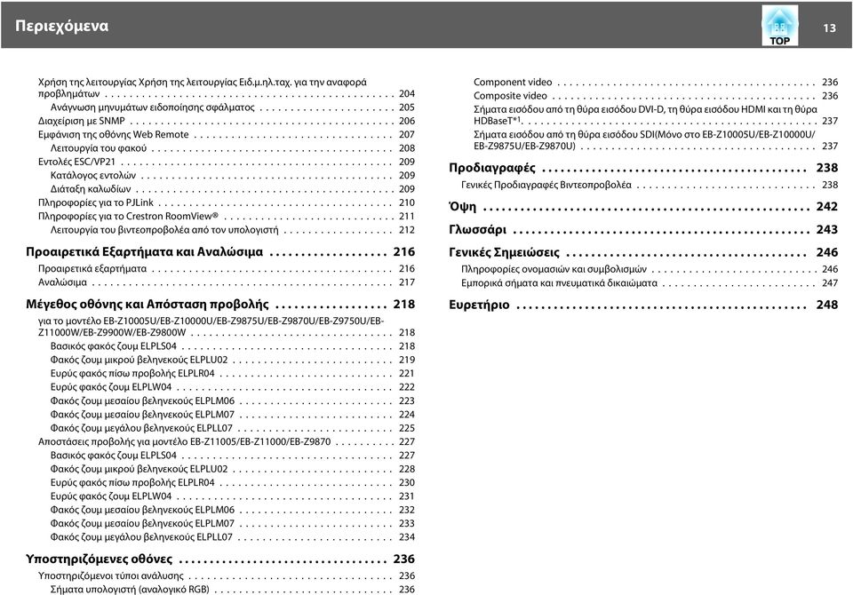 .. 210 Πληροφορίες για το Crestron RoomView... 211 Λειτουργία του βιντεοπροβολέα από τον υπολογιστή... 212 Προαιρετικά Εξαρτήματα και Αναλώσιμα... 216 Προαιρετικά εξαρτήματα... 216 Αναλώσιμα.