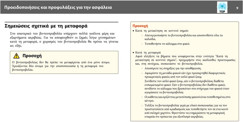 Χρειάζονται δύο άτομα για την αποσυσκευασία ή τη μεταφορά του βιντεοπροβολέα. Προσοχή Κατά τη μετακίνηση σε κοντινό σημείο - Απενεργοποιήστε το βιντεοπροβολέα και αποσυνδέστε όλα τα καλώδια.