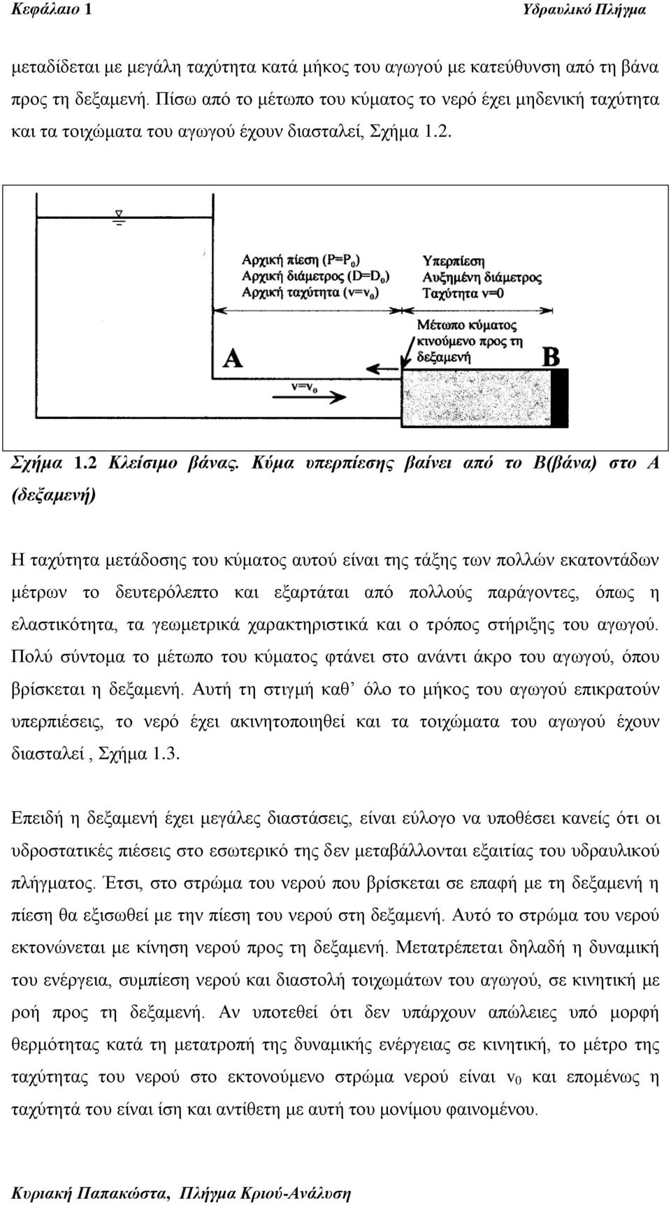 Κύμα ςπεππίεζηρ βαίνει από ηο Β(βάνα) ζηο Α (δεξαμενή) Η ηαρύηεηα κεηάδνζεο ηνπ θύκαηνο απηνύ είλαη ηεο ηάμεο ησλ πνιιώλ εθαηνληάδσλ κέηξσλ ην δεπηεξόιεπην θαη εμαξηάηαη από πνιινύο παξάγνληεο, όπσο