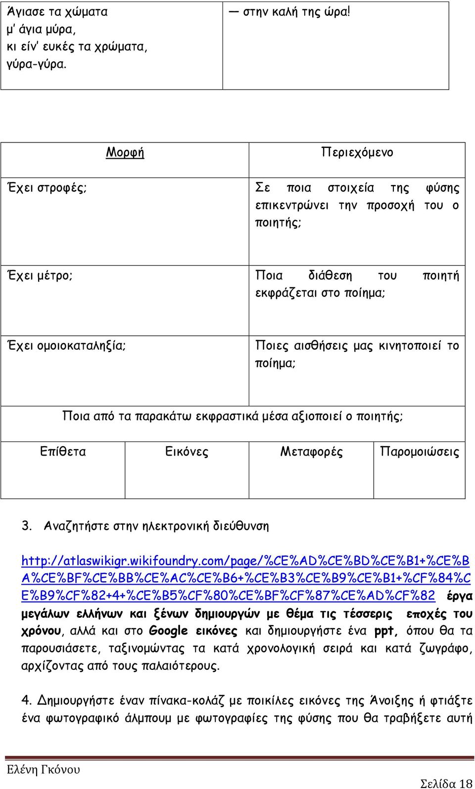 κινητοποιεί το ποίημα; Ποια από τα παρακάτω εκφραστικά μέσα αξιοποιεί ο ποιητής; Επίθετα Εικόνες Μεταφορές Παρομοιώσεις 3. Αναζητήστε στην ηλεκτρονική διεύθυνση http://atlaswikigr.wikifoundry.