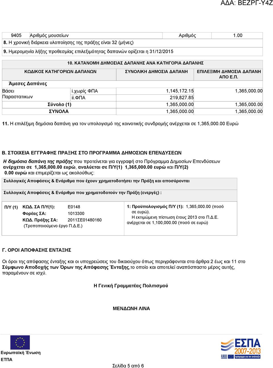 15 219,827.85 Σύνολο (1) 1,365,000.00 ΣΥΝΟΛΑ 1,365,000.00 1,365,000.00 1,365,000.00 1,365,000.00 11. Η επιλέξιμη δημόσια δαπάνη για τον υπολογισμό της κοινοτικής συνδρομής ανέρχεται σε 1,365,000.