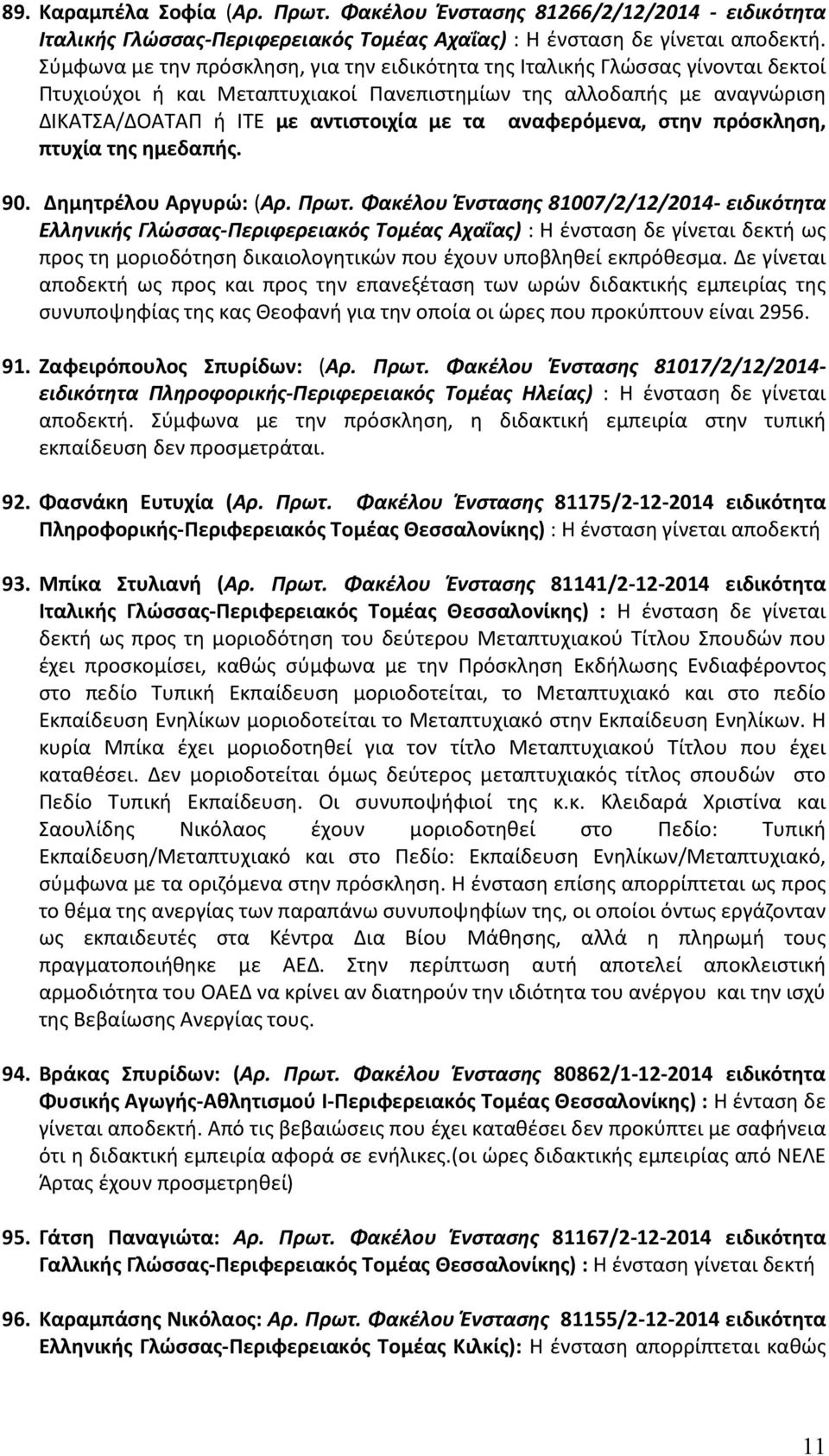 αναφερόμενα, στην πρόσκληση, πτυχία της ημεδαπής. 90. Δημητρέλου Αργυρώ: (Αρ. Πρωτ.