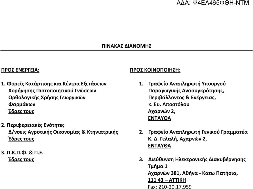 Περιφερειακές Ενότητες Δ/νσεις Αγροτικής Οικονομίας & Κτηνιατρικής Έδρες τους 3. Π.Κ.Π.Φ. & Π.Ε. Έδρες τους ΠΡΟΣ ΚΟΙΝΟΠΟΙΗΣΗ: 1.