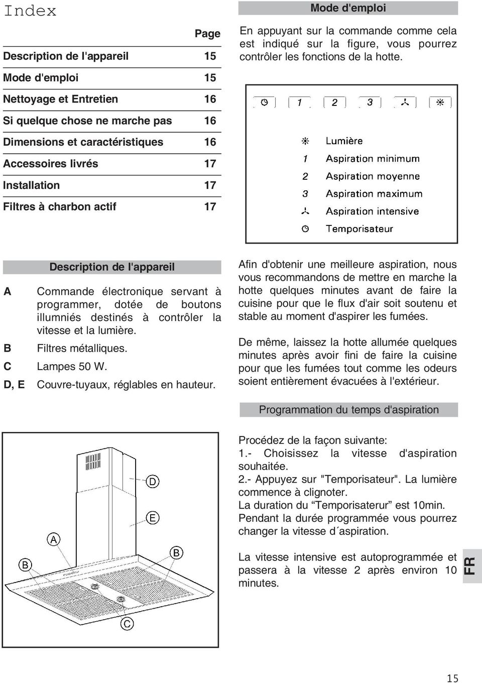 électronique servant à programmer, dotée de boutons illumniés destinés à contrôler la vitesse et la lumière. Filtres métalliques. C Lampes 50 W. D, E Couvre-tuyaux, réglables en hauteur.