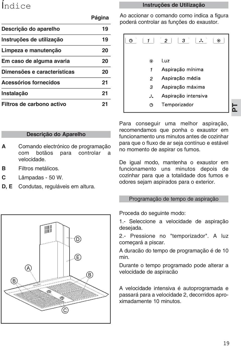 Aparelho Comando electrónico de programação com botãos para controlar a velocidade. Filtros metálicos. C Lâmpadas - 50 W. D, E Condutas, reguláveis em altura.