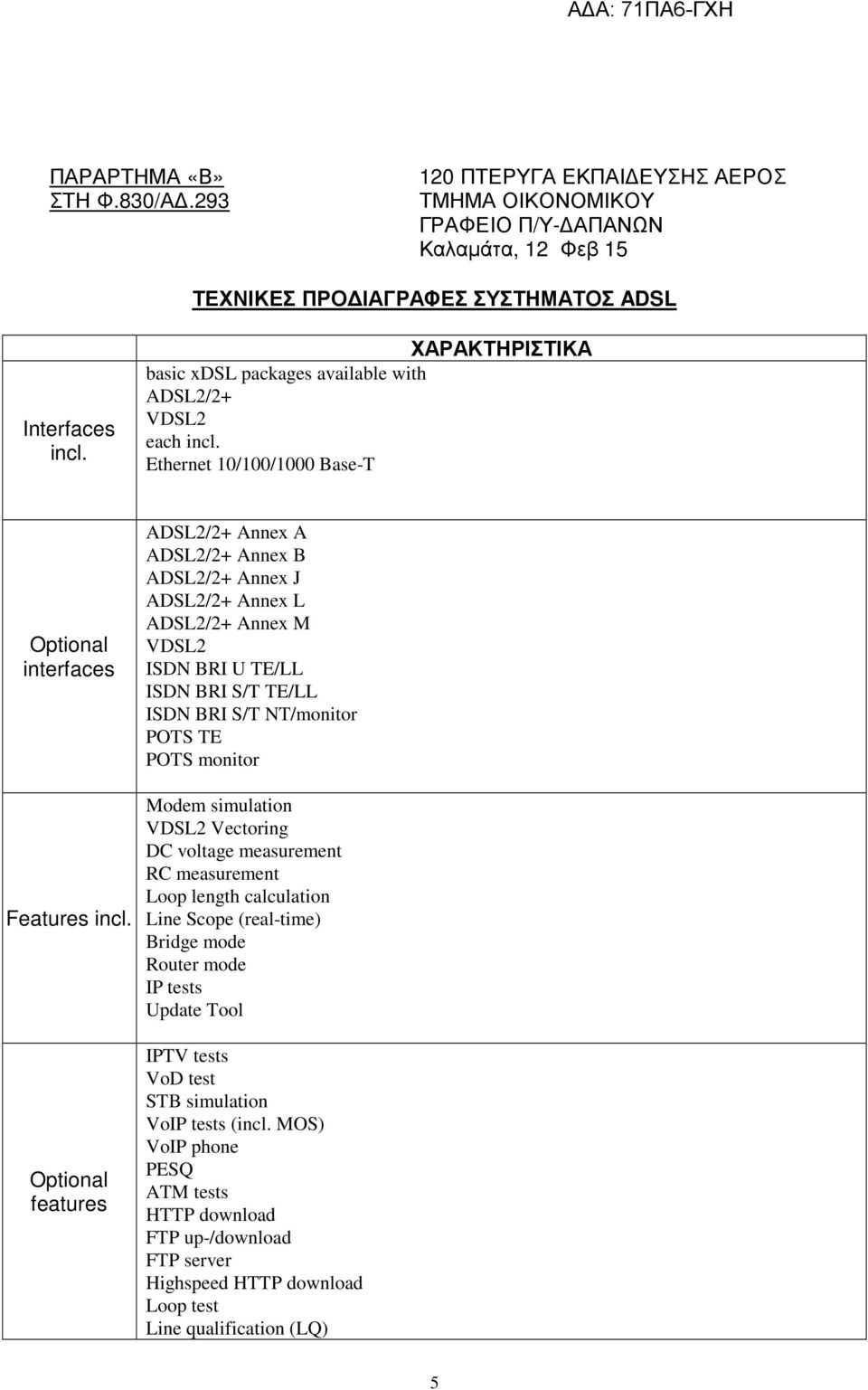 Optional features ADSL2/2+ Annex A ADSL2/2+ Annex B ADSL2/2+ Annex J ADSL2/2+ Annex L ADSL2/2+ Annex M VDSL2 ISDN BRI U TE/LL ISDN BRI S/T TE/LL ISDN BRI S/T NT/monitor POTS TE POTS monitor Modem