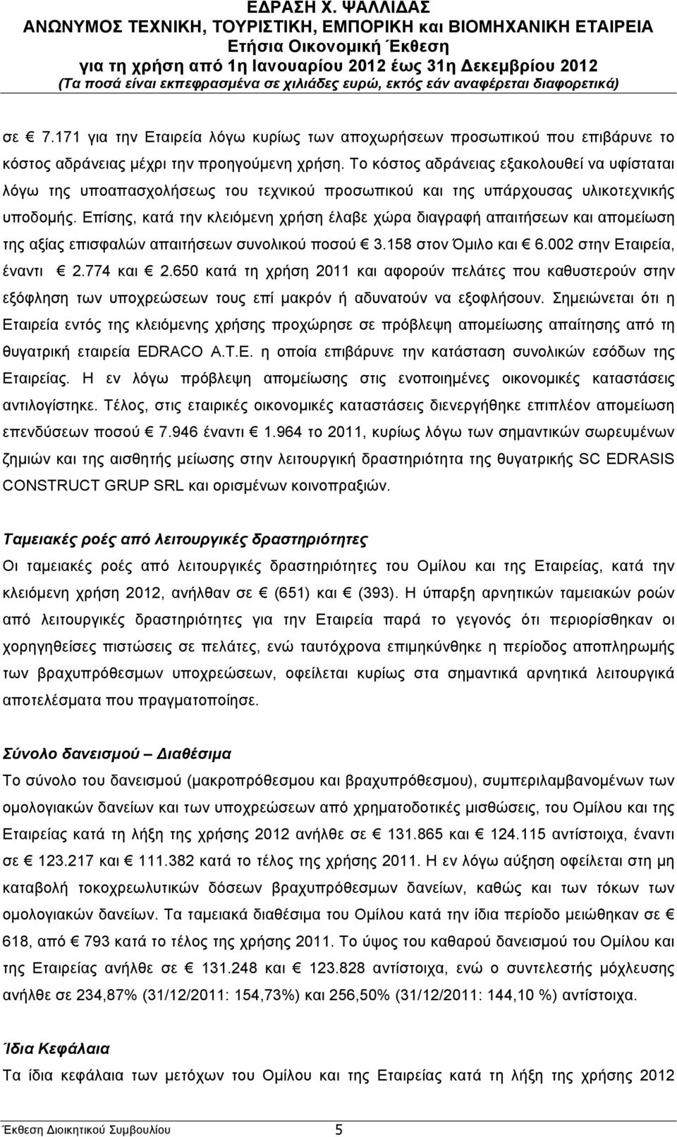 Επίσης, κατά την κλειόµενη χρήση έλαβε χώρα διαγραφή απαιτήσεων και αποµείωση της αξίας επισφαλών απαιτήσεων συνολικού ποσού 3.158 στον Όµιλο και 6.002 στην Εταιρεία, έναντι 2.774 και 2.