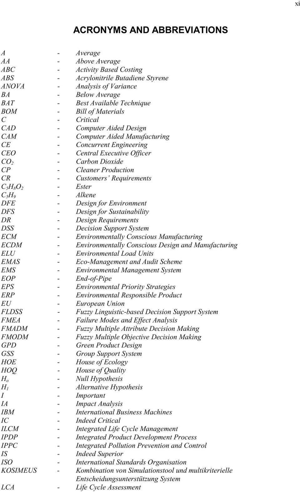 Cleaner Production CR - Customers Requirements C 5 H 8 O 2 - Ester C 5 H 9 - Alkene DFE - Design for Environment DFS - Design for Sustainability DR - Design Requirements DSS - Decision Support System