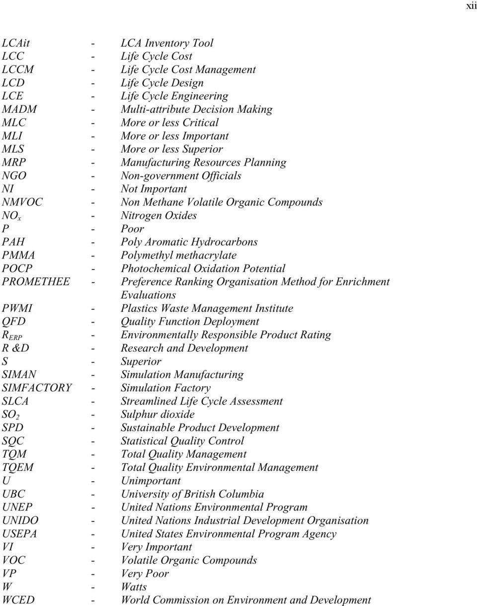 Compounds NO x - Nitrogen Oxides P - Poor PAH - Poly Aromatic Hydrocarbons PMMA - Polymethyl methacrylate POCP - Photochemical Oxidation Potential PROMETHEE - Preference Ranking Organisation Method