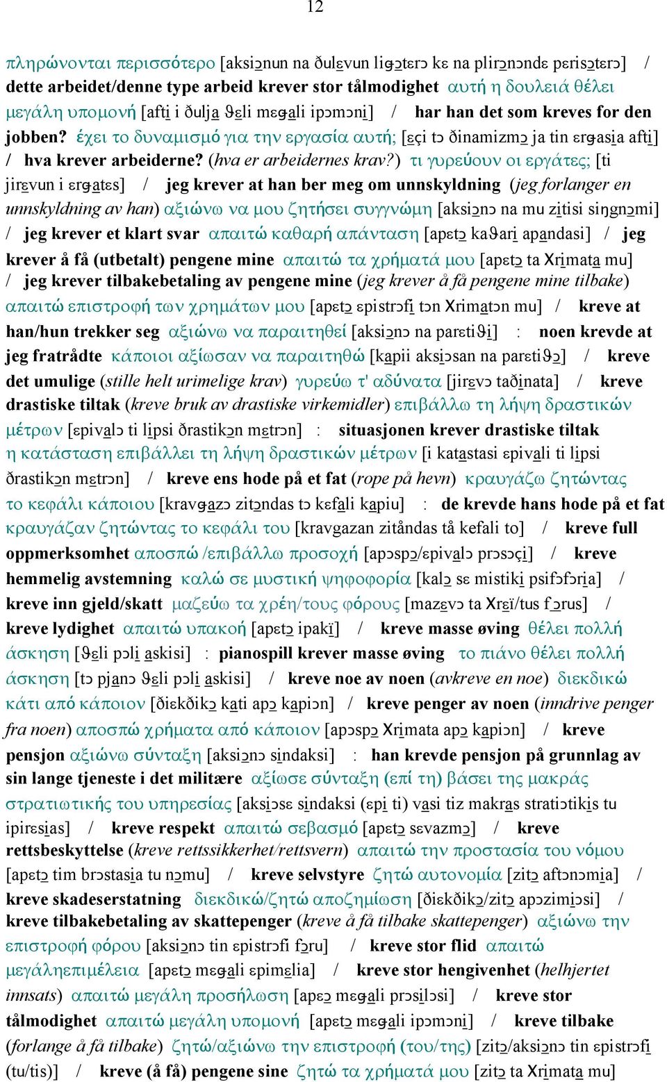 ) τι γυρεύουν οι εργάτες; [ti jirεvun i εrǅatεs] / jeg krever at han ber meg om unnskyldning (jeg forlanger en unnskyldning av han) αξιώνω να µου ζητήσει συγγνώµη [aksiǥnǥ na mu zitisi siŋgnǥmi] /