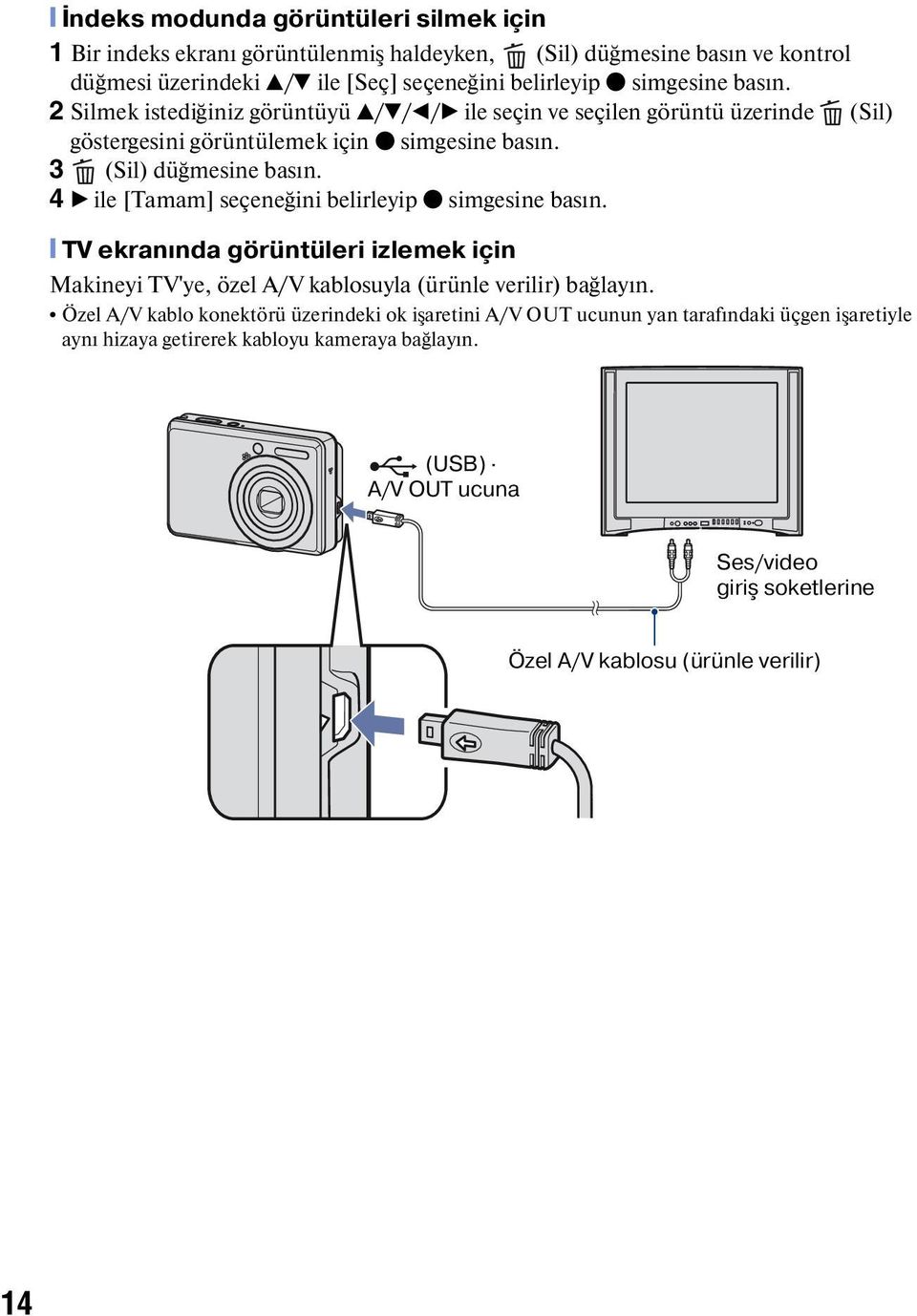 4 B ile [Tamam] seçeneğini belirleyip z simgesine basın. [ TV ekranında görüntüleri izlemek için Makineyi TV'ye, özel A/V kablosuyla (ürünle verilir) bağlayın.