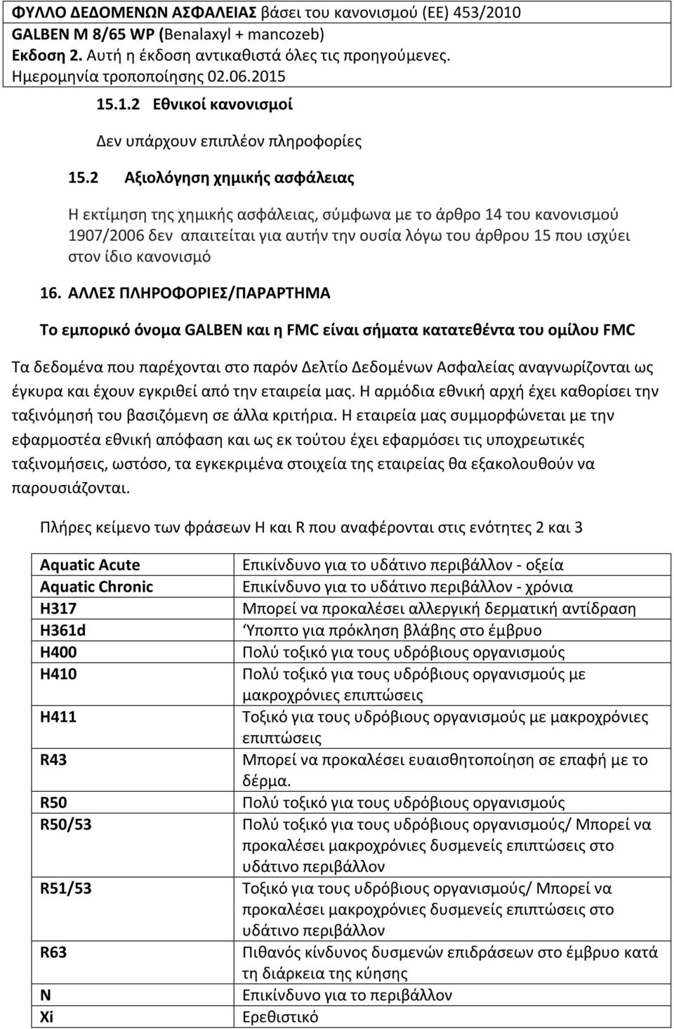 16. ΑΛΛΕΣ ΠΛΗΡΟΦΟΡΙΕΣ/ΠΑΡΑΡΤΗΜΑ To εμπορικό όνομα GALBEN και η FMC είναι σήματα κατατεθέντα του ομίλου FMC Τα δεδομένα που παρέχονται στο παρόν Δελτίο Δεδομένων Ασφαλείας αναγνωρίζονται ως έγκυρα και