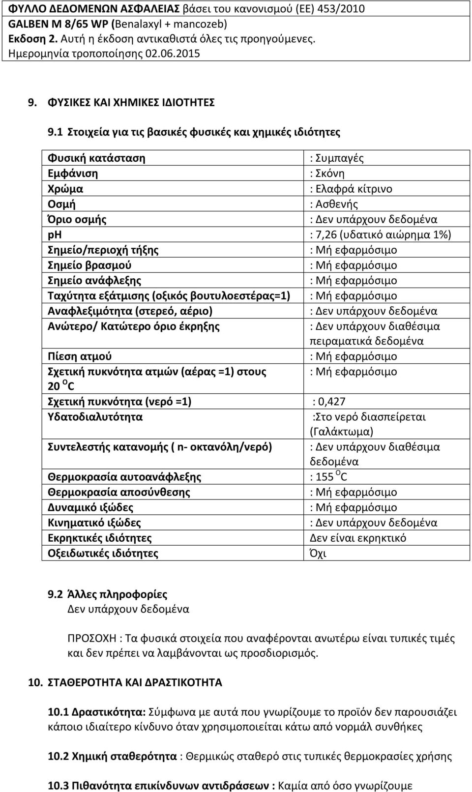 αιώρημα 1%) Σημείο/περιοχή τήξης : Mή εφαρμόσιμο Σημείο βρασμού : Mή εφαρμόσιμο Σημείο ανάφλεξης : Mή εφαρμόσιμο Tαχύτητα εξάτμισης (οξικός βουτυλοεστέρας=1) : Mή εφαρμόσιμο Αναφλεξιμότητα (στερεό,