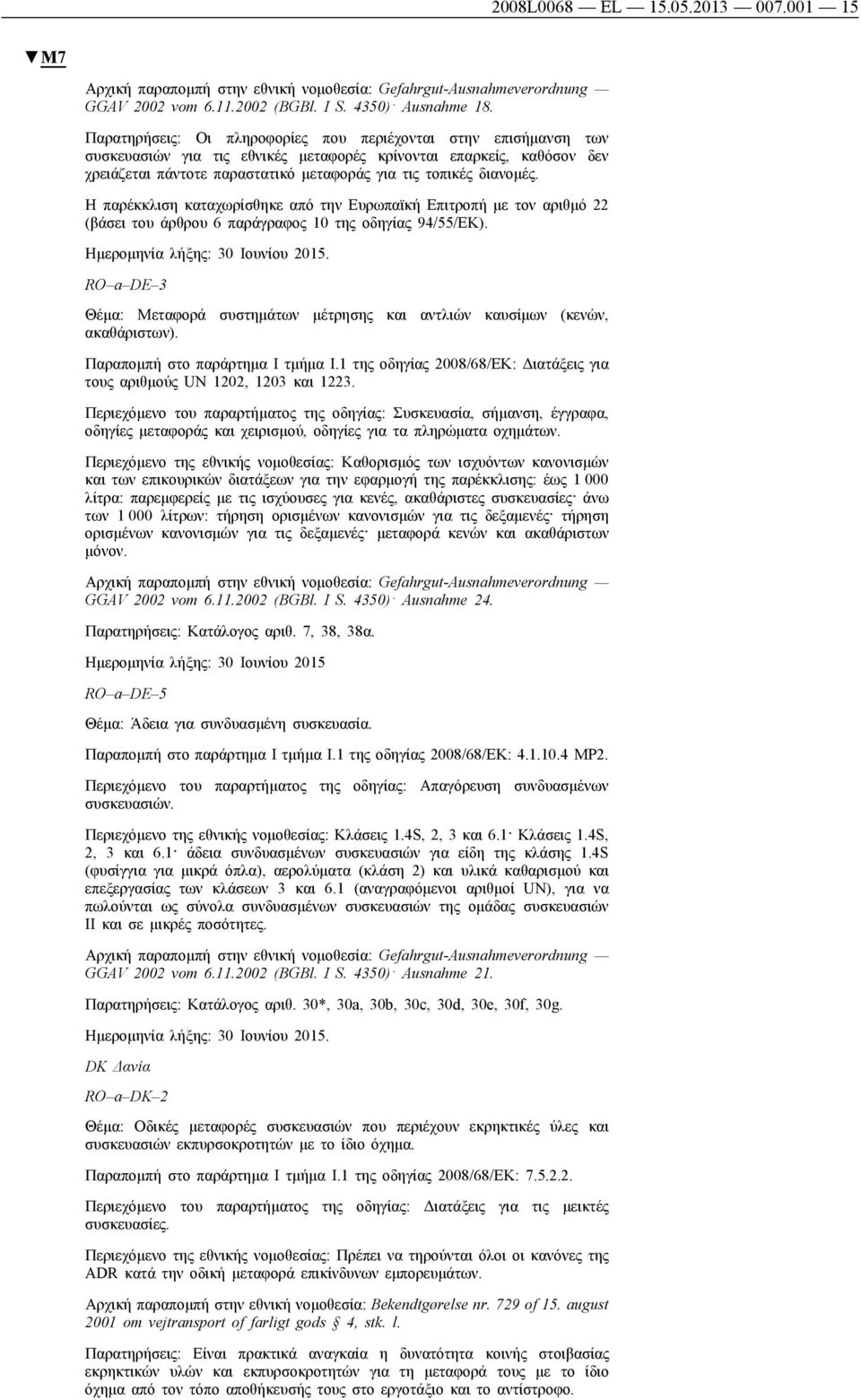 διανομές. Η παρέκκλιση καταχωρίσθηκε από την Ευρωπαϊκή Επιτροπή με τον αριθμό 22 (βάσει του άρθρου 6 παράγραφος 10 της οδηγίας 94/55/ΕΚ).