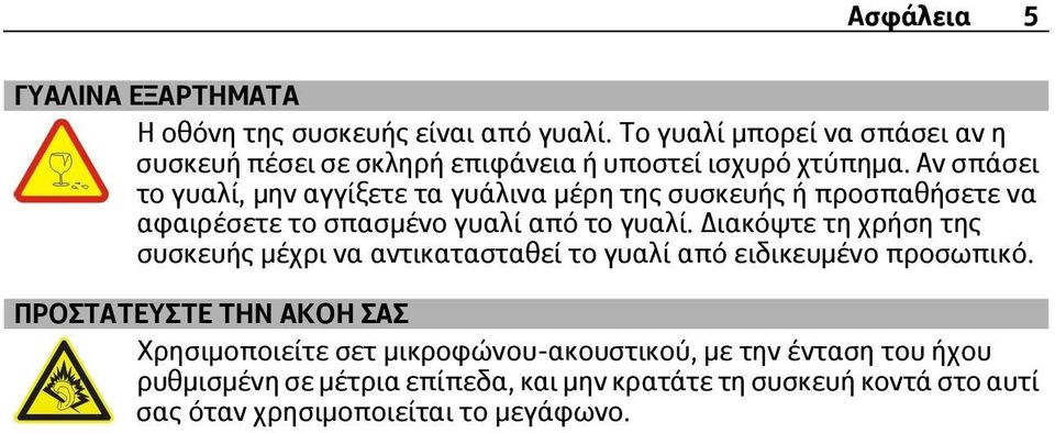 Αν σπάσει το γυαλί, μην αγγίξετε τα γυάλινα μέρη της συσκευής ή προσπαθήσετε να αφαιρέσετε το σπασμένο γυαλί από το γυαλί.