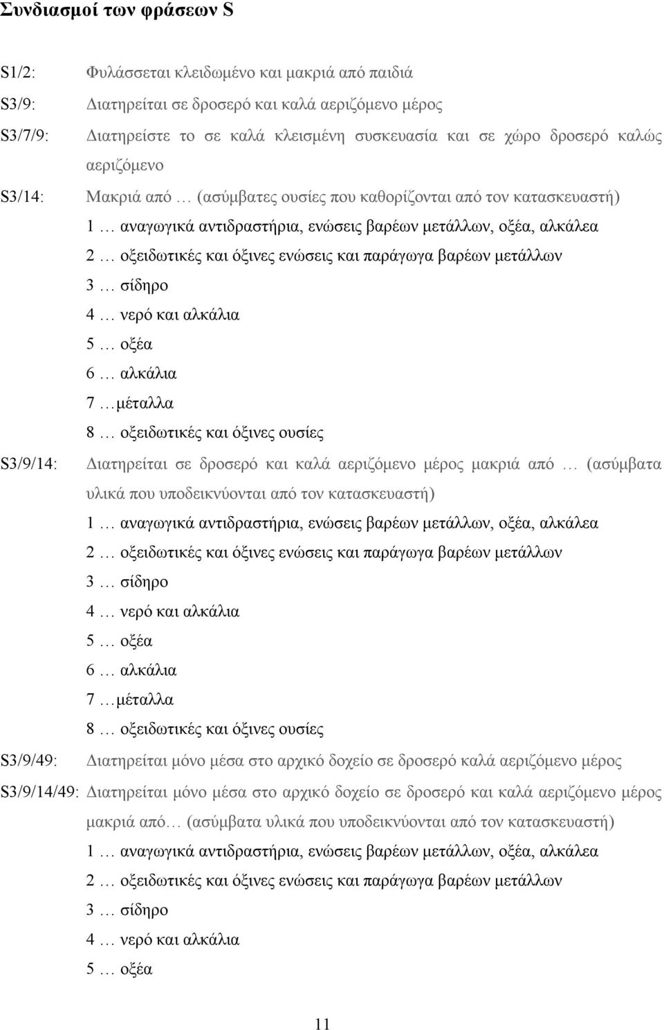και παράγωγα βαρέων μετάλλων 3 σίδηρο 4 νερό και αλκάλια 5 οξέα 6 αλκάλια 7 μέταλλα 8 οξειδωτικές και όξινες ουσίες S3/9/14: Διατηρείται σε δροσερό και καλά αεριζόμενο μέρος μακριά από (ασύμβατα