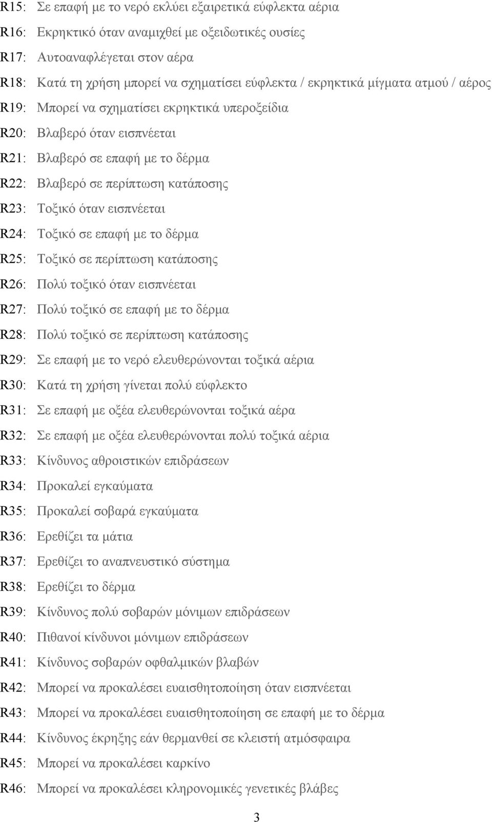 εισπνέεται R24: Τοξικό σε επαφή με το δέρμα R25: Τοξικό σε περίπτωση κατάποσης R26: Πολύ τοξικό όταν εισπνέεται R27: Πολύ τοξικό σε επαφή με το δέρμα R28: Πολύ τοξικό σε περίπτωση κατάποσης R29: Σε