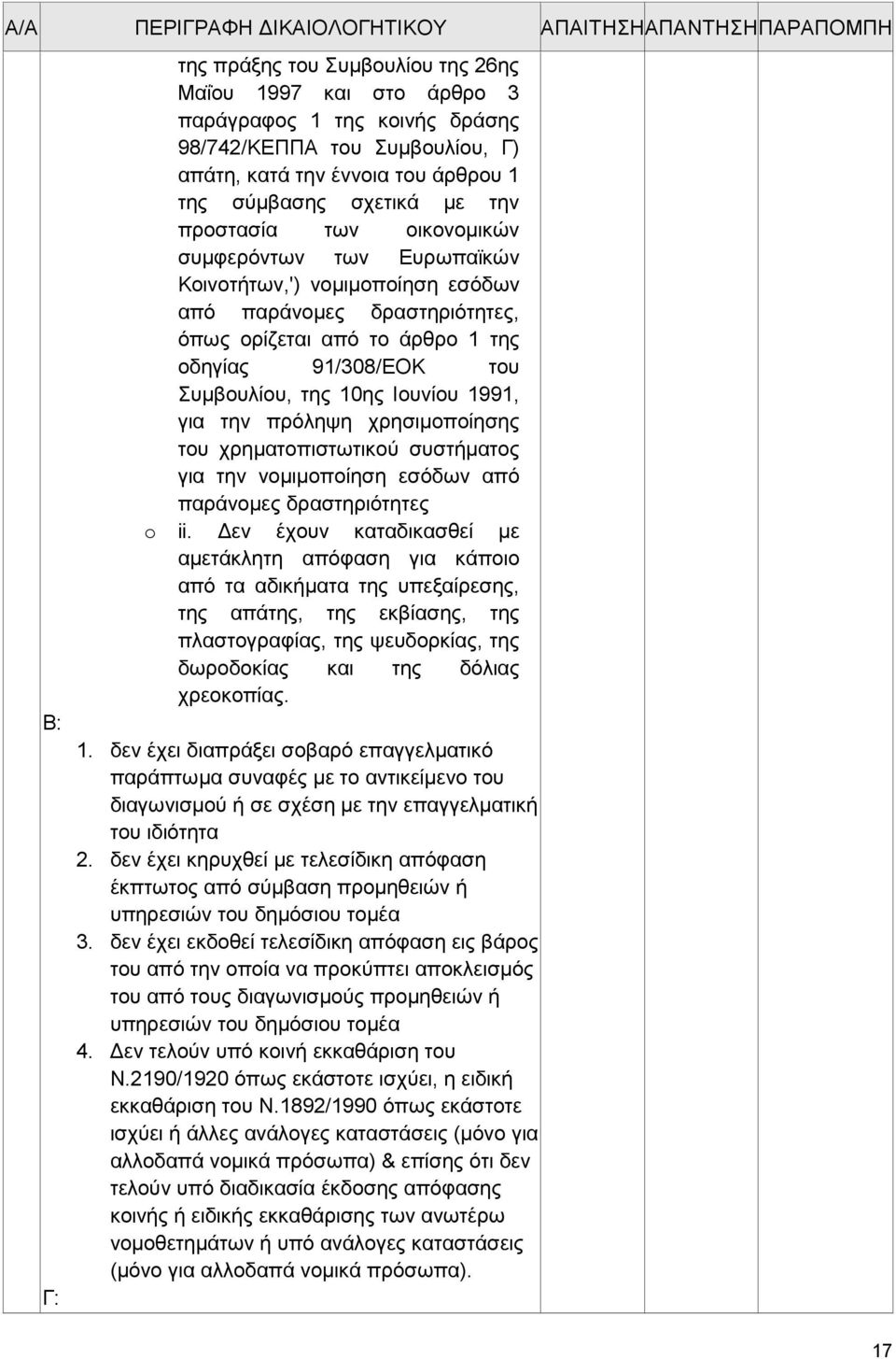 της οδηγίας 91/308/ΕΟΚ του Συμβουλίου, της 10ης Ιουνίου 1991, για την πρόληψη χρησιμοποίησης του χρηματοπιστωτικού συστήματος για την νομιμοποίηση εσόδων από παράνομες δραστηριότητες o ii.