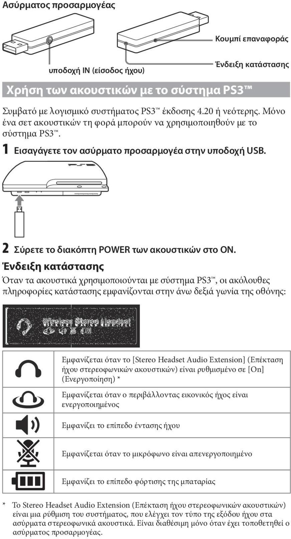 Ένδειξη κατάστασης Όταν τα ακουστικά χρησιμοποιούνται με σύστημα PS3, οι ακόλουθες πληροφορίες κατάστασης εμφανίζονται στην άνω δεξιά γωνία της οθόνης: Εμφανίζεται όταν το [Stereo Headset Audio