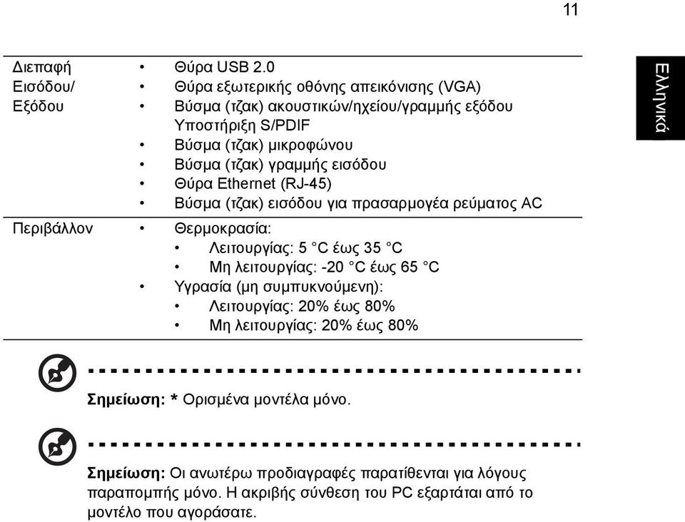 γραµµής εισόδου Θύρα Ethernet (RJ-45) Βύσµα (τζακ) εισόδου για πρασαρµογέα ρεύµατος AC Περιβάλλον Θερµοκρασία: Λειτουργίας: 5 C έως 35 C Μη