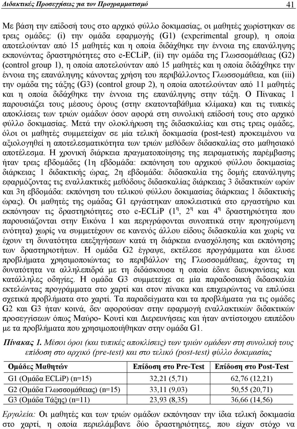 από 15 μαθητές και η οποία διδάχθηκε την έννοια της επανάληψης κάνοντας χρήση του περιβάλλοντος Γλωσσομάθεια, και (iii) την ομάδα της τάξης (G3) (control group 2), η οποία αποτελούνταν από 11 μαθητές