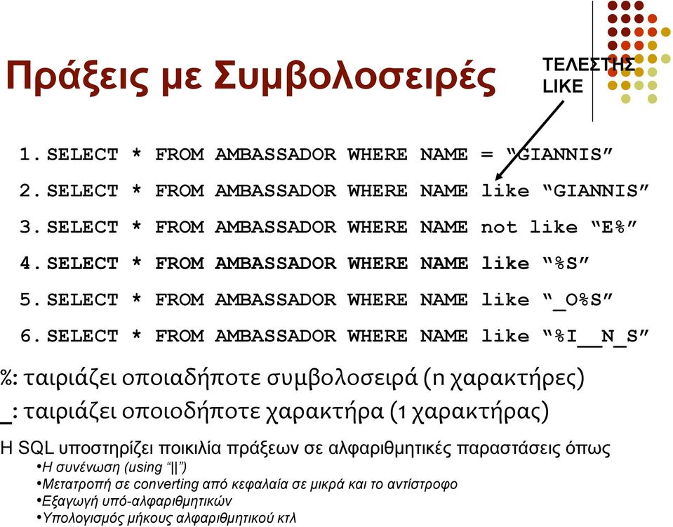 SELECT * FROM AMBASSADOR WHERE NAME like %I N_S %: ταιριάζει οποιαδήποτε ςυμβολοςειρά (n χαρακτήρεσ) _: ταιριάζει οποιοδήποτε χαρακτήρα (1 χαρακτήρασ) Η SQL