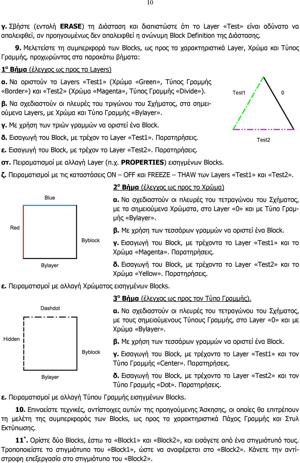 Να οριστούν τα Layers «Test1» (Χρώµα «Green», Τύπος Γραµµής «Border») και «Test2» (Χρώµα «Magenta», Τύπος Γραµµής «Divide»). β.