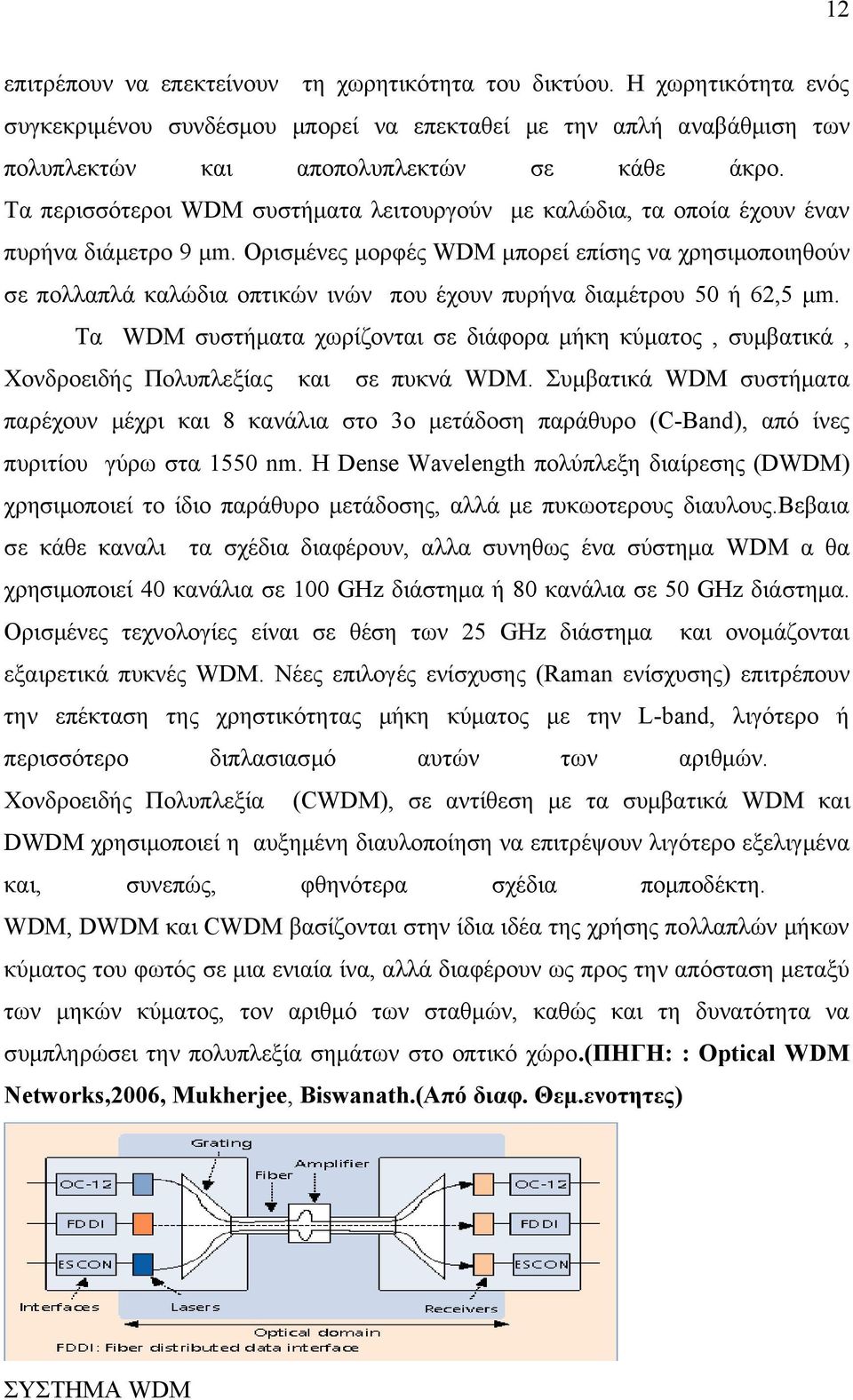 Ορισμένες μορφές WDM μπορεί επίσης να χρησιμοποιηθούν σε πολλαπλά καλώδια οπτικών ινών που έχουν πυρήνα διαμέτρου 50 ή 62,5 μm.