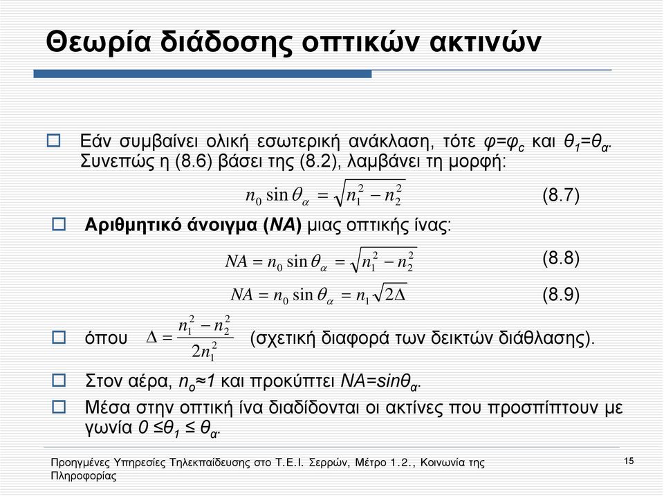 ), λαμβάνει τη μορφή: n sin 0 θ = n n α 1 Αριθμητικό άνοιγμα (ΝΑ) μιας οπτικής ίνας: NA = n0 sinθα = n1 n n1 n