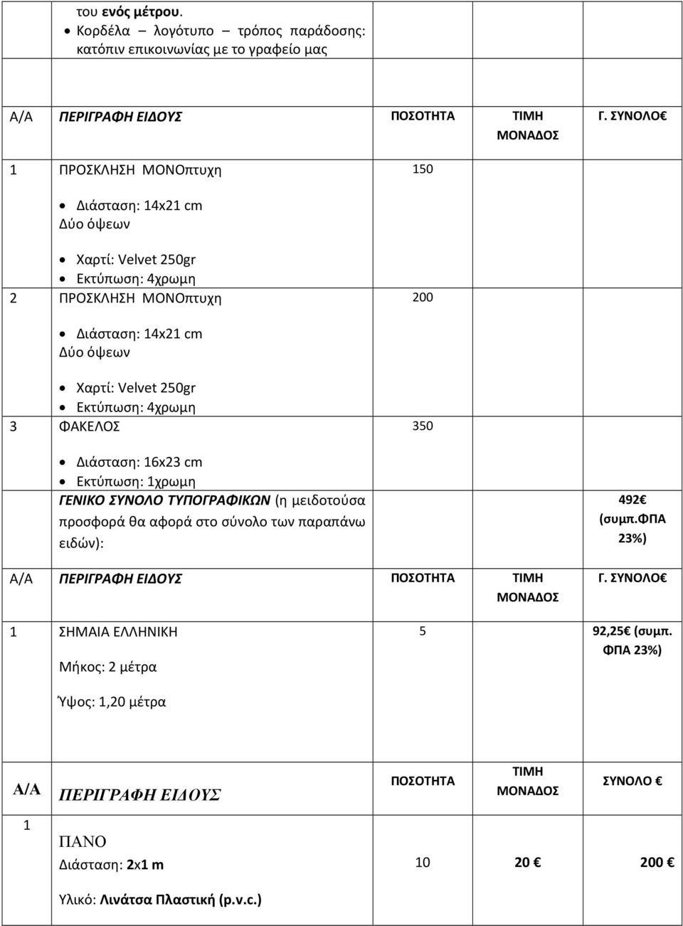 Εκτύπωση: 4χρωμη 3 ΦΑΚΕΛΟΣ 350 Διάσταση: 16x23 cm Εκτύπωση: 1χρωμη ΓΕΝΙΚΟ ΣΥΝΟΛΟ ΤΥΠΟΓΡΑΦΙΚΩΝ (η μειδοτούσα προσφορά θα αφορά στο σύνολο των παραπάνω ειδών): Α/Α ΠΕΡΙΓΡΑΦΗ