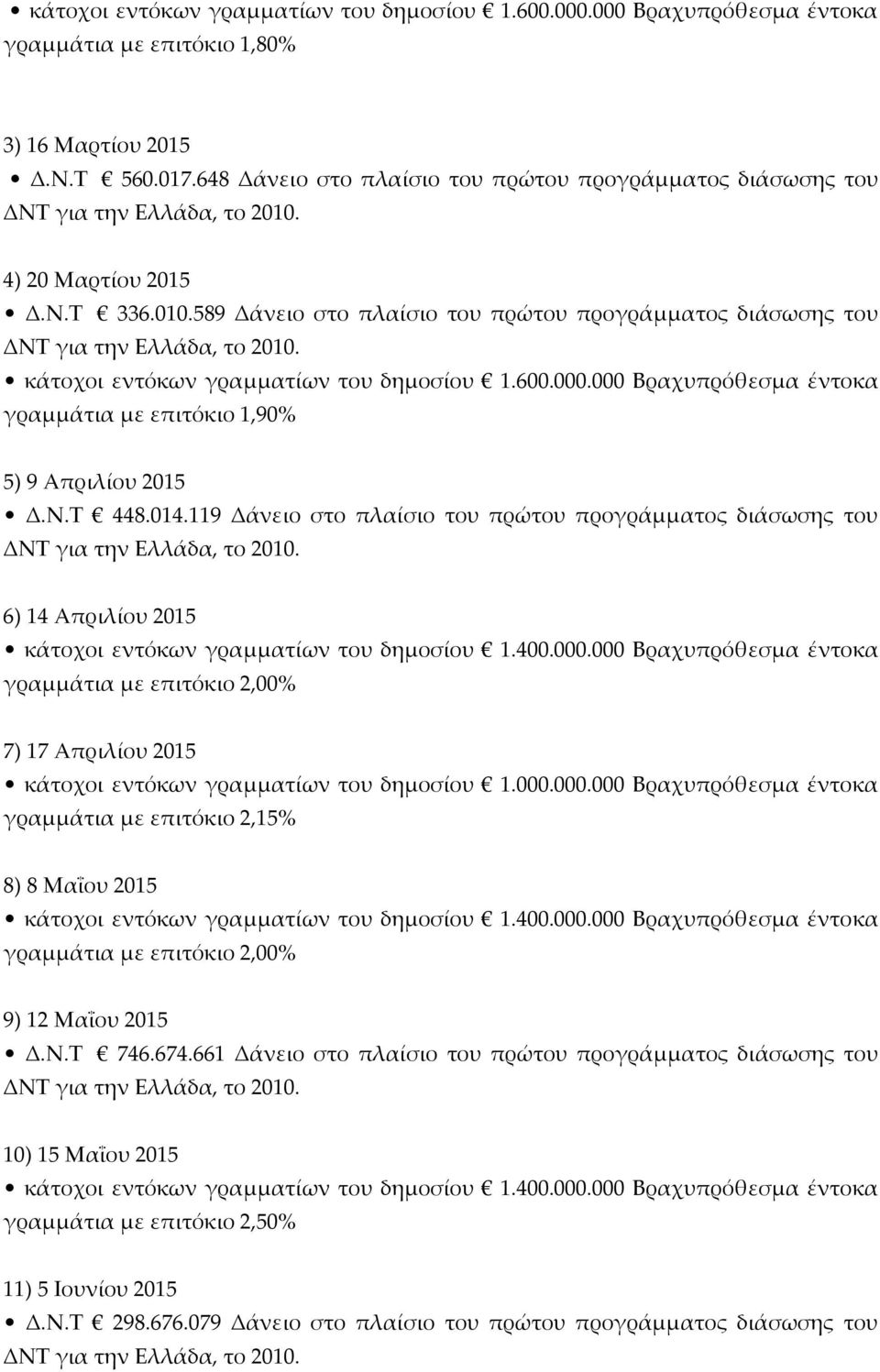 5) 9 Απριλίου 2015 6) 14 Απριλίου 2015 7) 17 Απριλίου 2015 κάτοχοι εντόκων γραμματίων του δημοσίου 1.000.