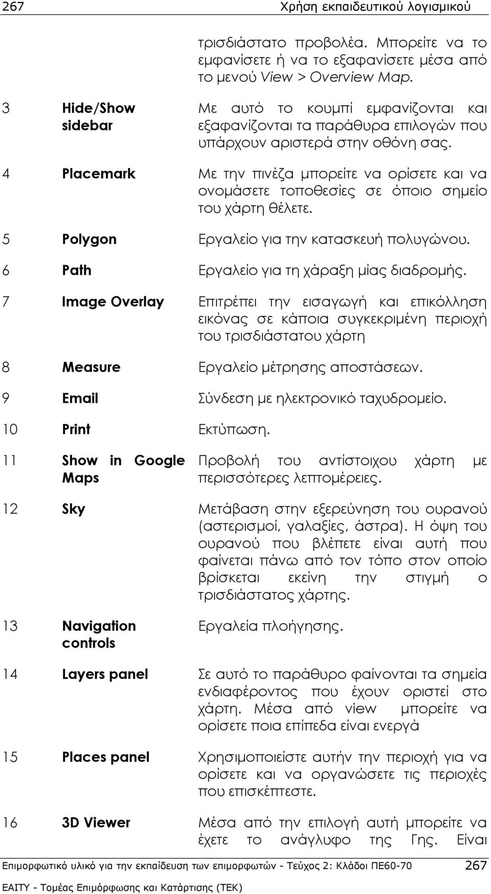 4 Placemark Με την πινέζα μπορείτε να ορίσετε και να ονομάσετε τοποθεσίες σε όποιο σημείο του χάρτη θέλετε. 5 Polygon Εργαλείο για την κατασκευή πολυγώνου.