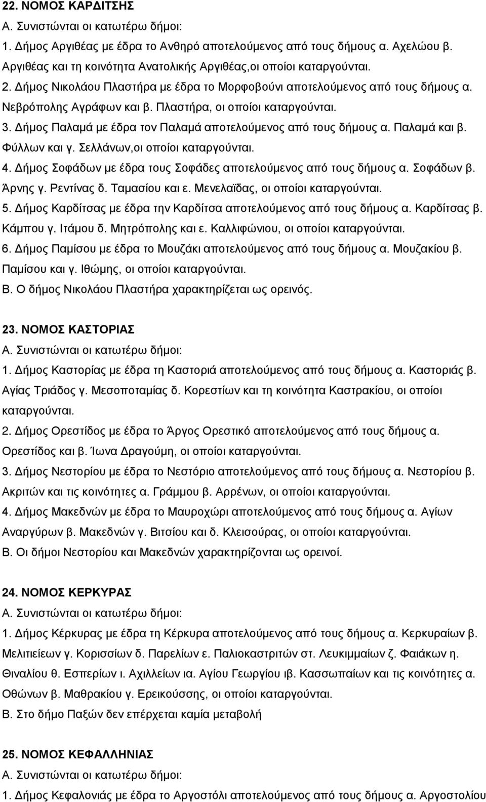 Πλαστήρα, οι οποίοι καταργούνται. 3. Δήμος Παλαμά με έδρα τον Παλαμά αποτελούμενος από τους δήμους α. Παλαμά και β. Φύλλων και γ. Σελλάνων,οι οποίοι καταργούνται. 4.