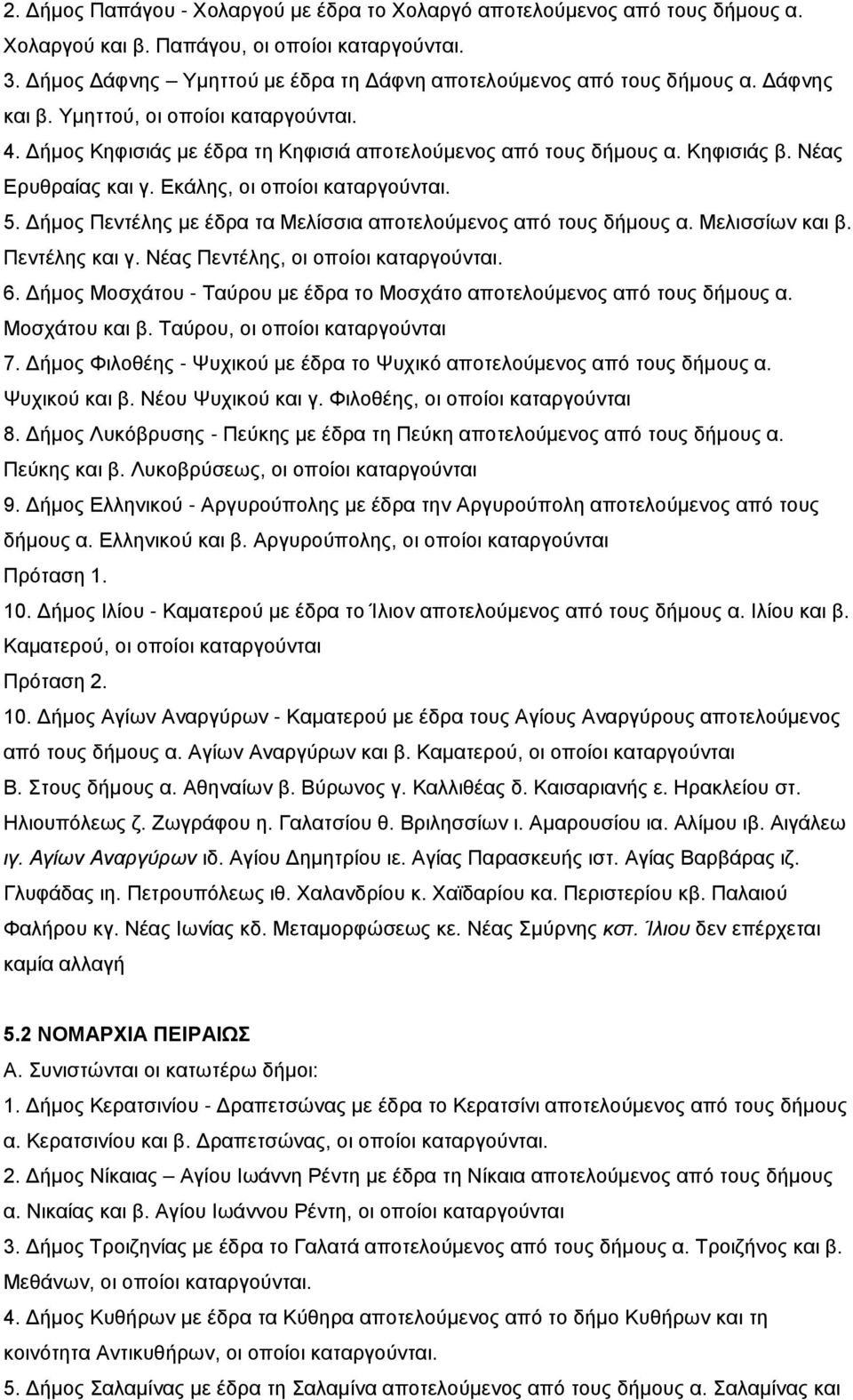 Νέας Ερυθραίας και γ. Εκάλης, οι οποίοι καταργούνται. 5. Δήμος Πεντέλης με έδρα τα Μελίσσια αποτελούμενος από τους δήμους α. Μελισσίων και β. Πεντέλης και γ. Νέας Πεντέλης, οι οποίοι καταργούνται. 6.