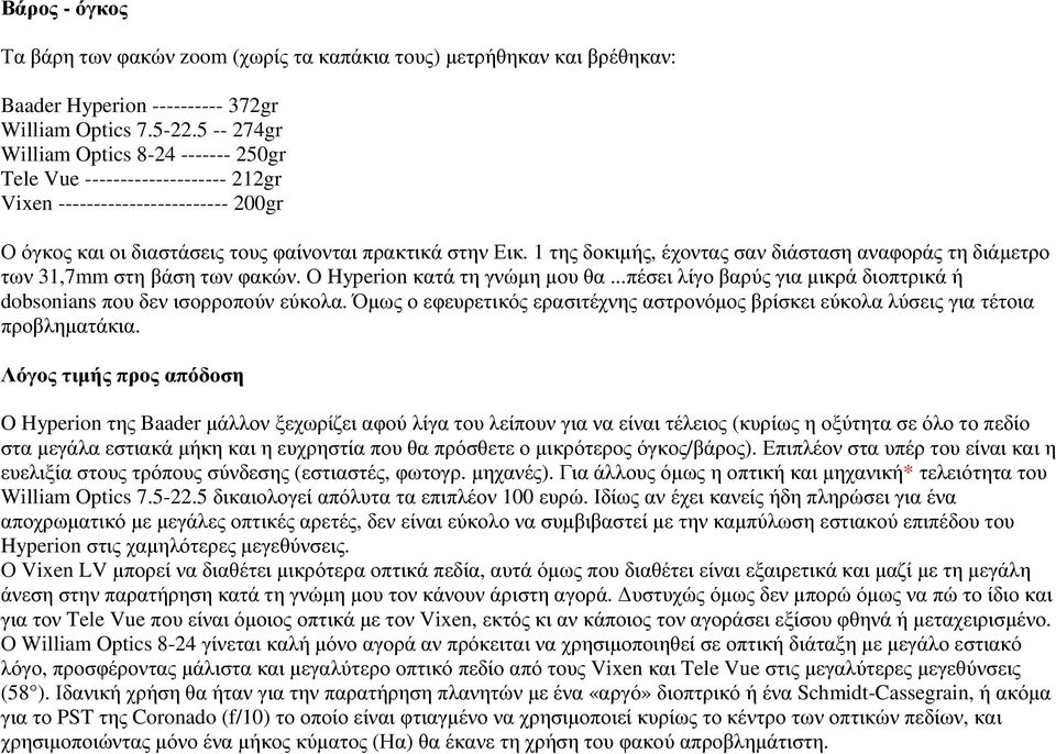 1 της δοκιµής, έχοντας σαν διάσταση αναφοράς τη διάµετρο των 31,7mm στη βάση των φακών. Ο Hyperion κατά τη γνώµη µου θα...πέσει λίγο βαρύς για µικρά διοπτρικά ή dobsonians που δεν ισορροπούν εύκολα.