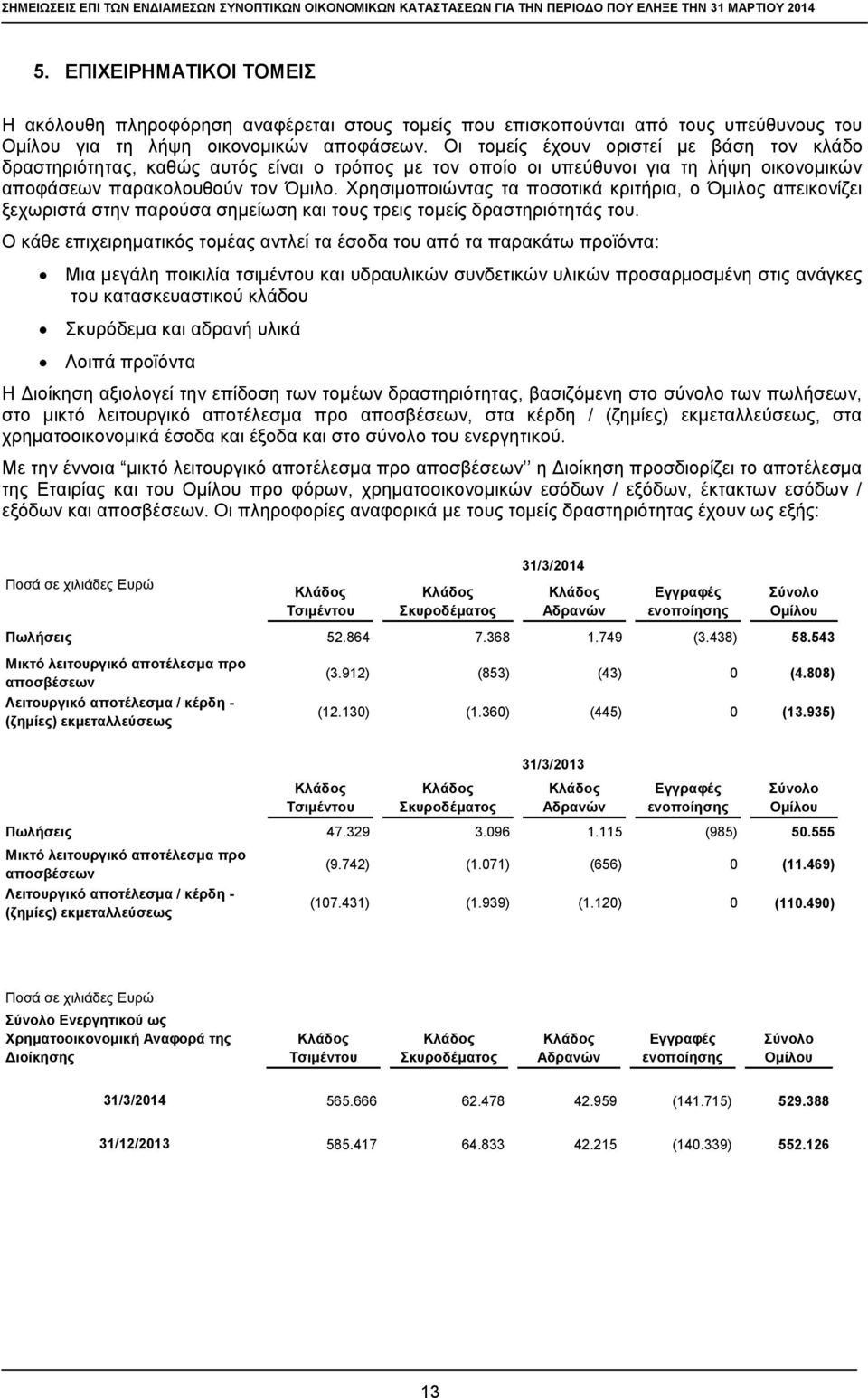 Χρησιμοποιώντας τα ποσοτικά κριτήρια, ο Όμιλος απεικονίζει ξεχωριστά στην παρούσα σημείωση και τους τρεις τομείς δραστηριότητάς του.