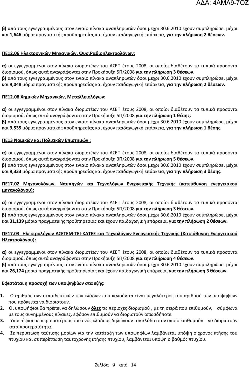 ΠΕ12.08 Χημικών Μηχανικών, Μεταλλειολόγων: διορισμού, όπως αυτά αναγράφονται στην Προκήρυξη 5Π/2008 για την πλήρωση 1 θέσης.