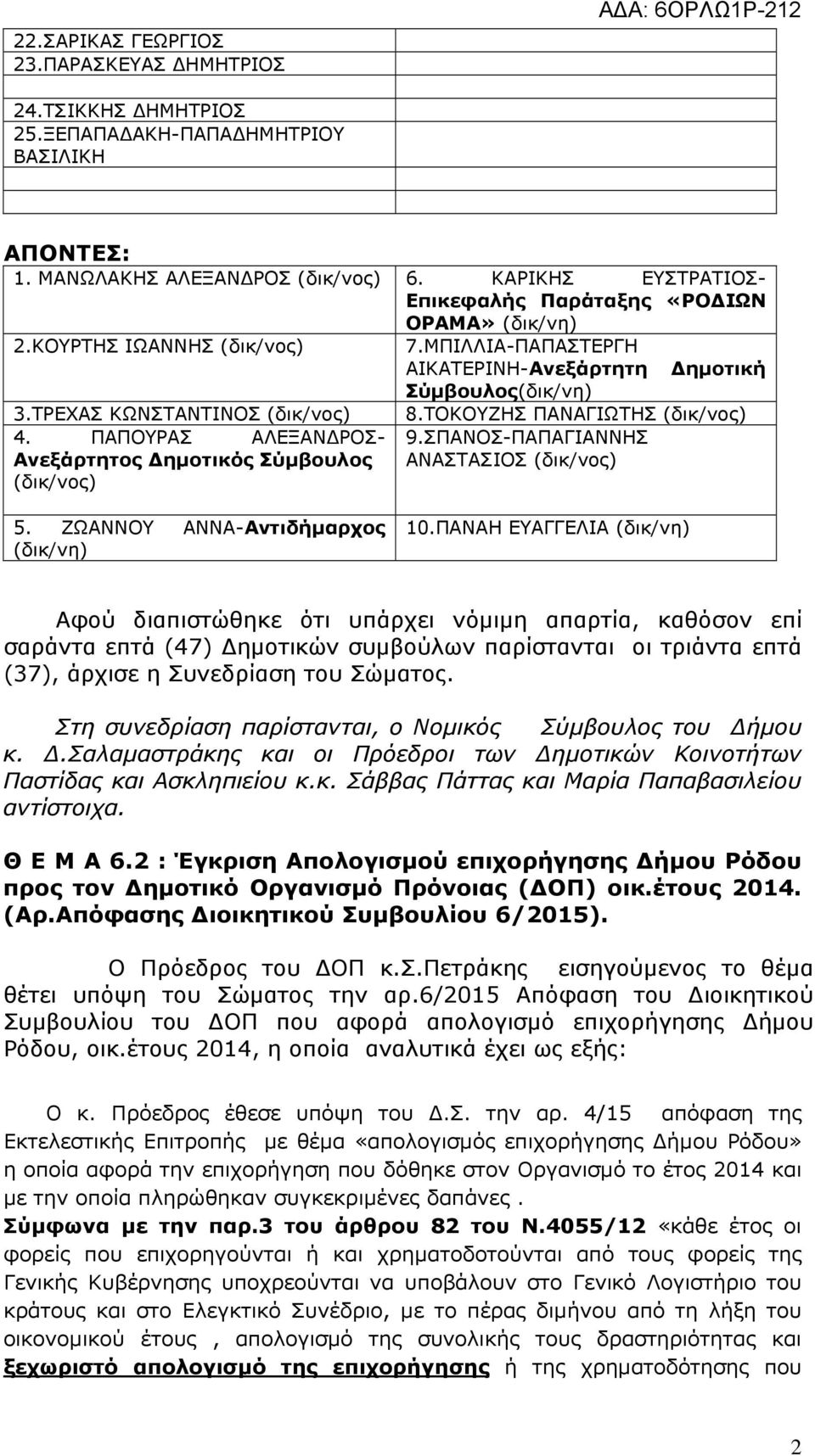 ΤΟΚΟΥΖΗΣ ΠΑΝΑΓΙΩΤΗΣ (δικ/νος) 4. ΠΑΠΟΥΡΑΣ ΑΛΕΞΑΝ ΡΟΣ- Ανεξάρτητος ηµοτικός Σύµβουλος (δικ/νος) 9.ΣΠΑΝΟΣ-ΠΑΠΑΓΙΑΝΝΗΣ ΑΝΑΣΤΑΣΙΟΣ (δικ/νος) 5. ΖΩΑΝΝΟΥ ΑΝΝΑ-Αντιδήµαρχος (δικ/νη) 10.