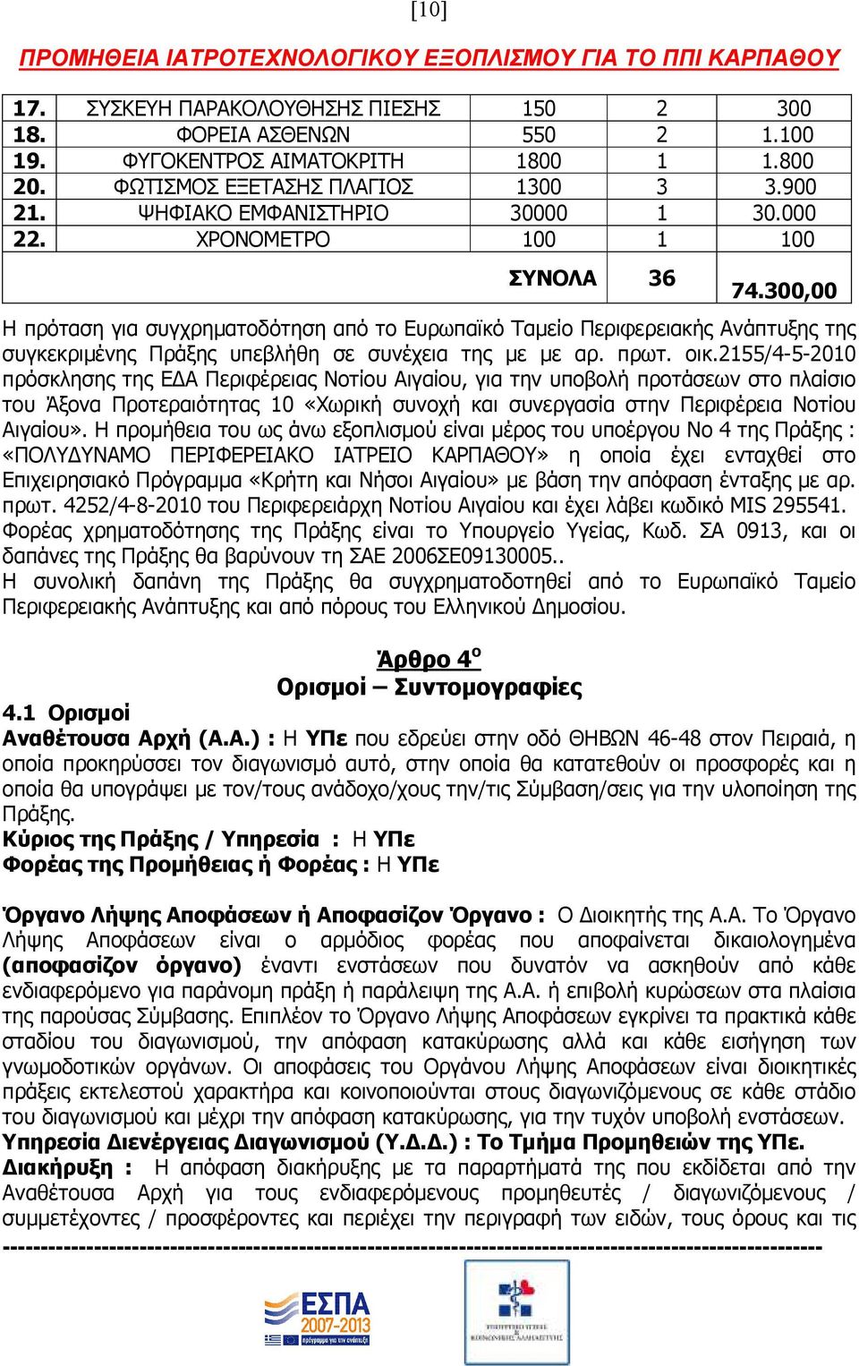 2155/4-5-2010 πρόσκλησης της Ε Α Περιφέρειας Νοτίου Αιγαίου, για την υποβολή προτάσεων στο πλαίσιο του Άξονα Προτεραιότητας 10 «Χωρική συνοχή και συνεργασία στην Περιφέρεια Νοτίου Αιγαίου».