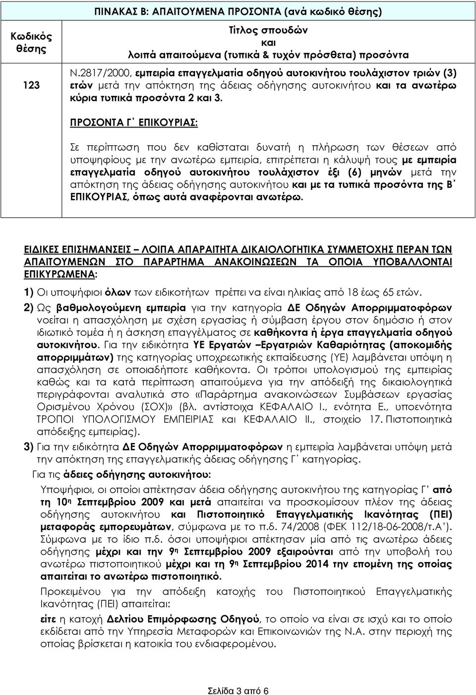 ΠΡΟΣΟΝΤΑ Γ ΕΠΙΚΟΥΡΙΑΣ: Σε περίπτωση που δεν καθίσταται δυνατ η πλρωση των θέσεων από υποψηφίους µε την ανωτέρω εµπειρία, επιτρέπεται η κάλυψ τους µε εµπειρία επαγγελµατία οδηγού αυτοκιντου