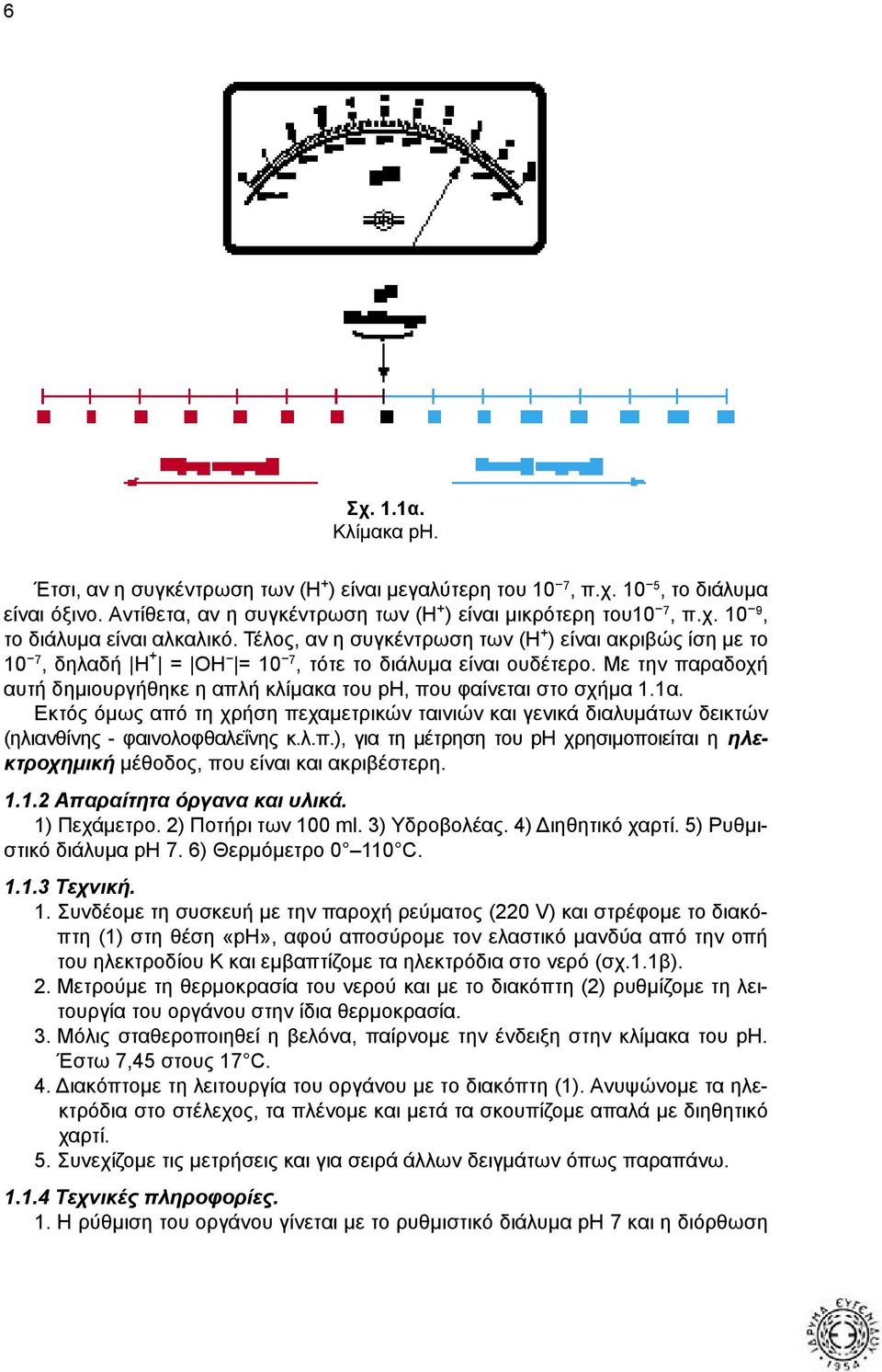 Με την παραδοχή αυτή δημιουργήθηκε η απλή κλίμακα του ph, που φαίνεται στο σχήμα 1.1α. Εκτός όμως από τη χρήση πεχαμετρικών ταινιών και γενικά διαλυμάτων δεικτών (ηλιανθίνης - φαινολοφθαλεΐνης κ.λ.π.), για τη μέτρηση του ph χρησιμοποιείται η ηλεκτροχημική μέθοδος, που είναι και ακριβέστερη.