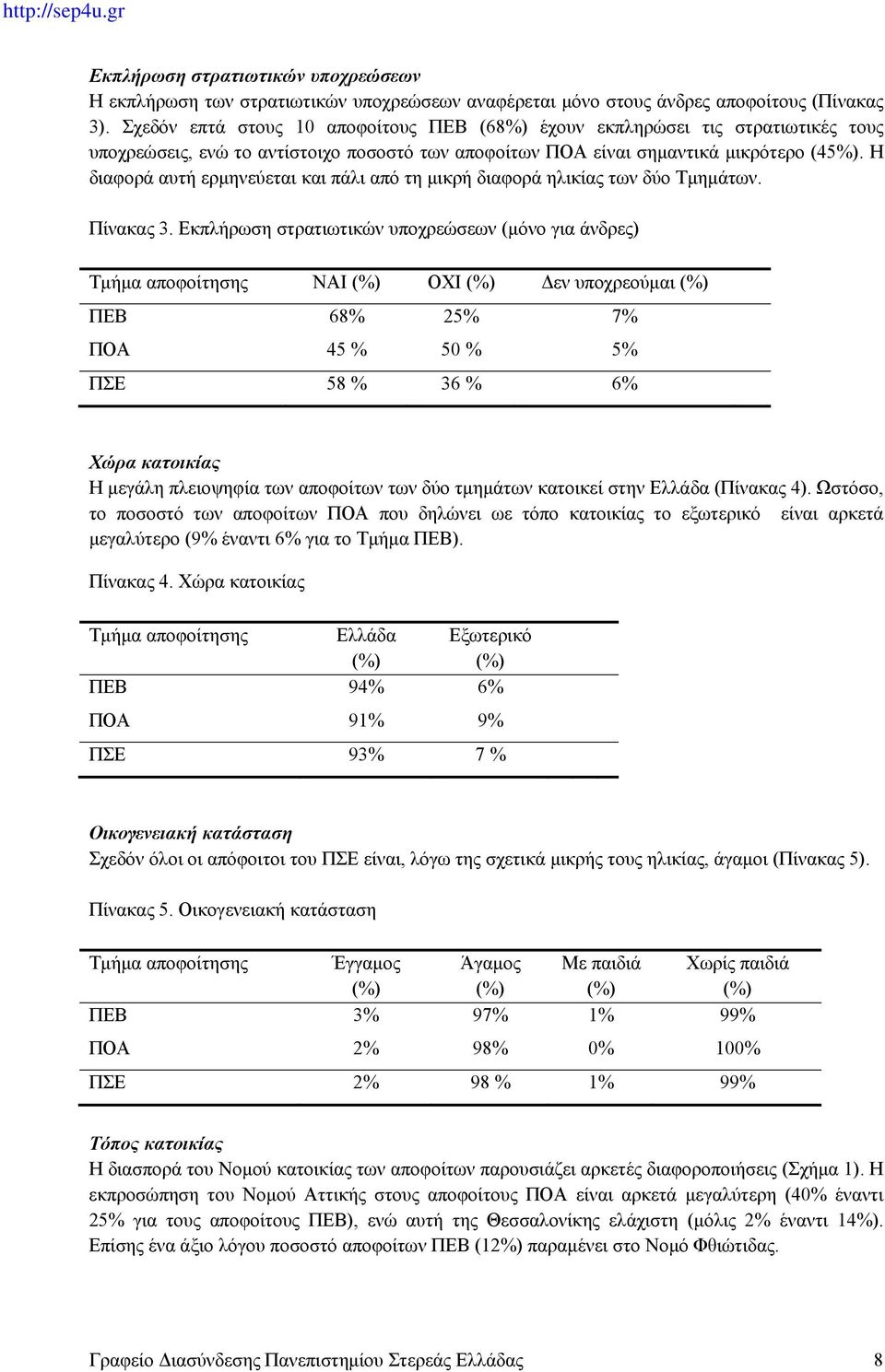 Η διαφορά αυτή ερμηνεύεται και πάλι από τη μικρή διαφορά ηλικίας των δύο Τμημάτων. Πίνακας 3.