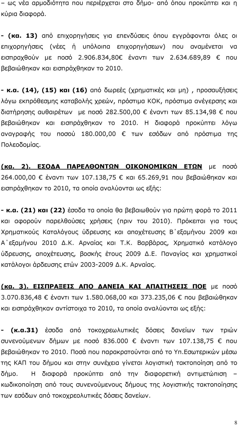 689,89 που βεβαιώθηκαν και εισπράχθηκαν το 2010. - κ.α. (14), (15) και (16) από δωρεές (χρηµατικές και µη), προσαυξήσεις λόγω εκπρόθεσµης καταβολής χρεών, πρόστιµα ΚΟΚ, πρόστιµα ανέγερσης και διατήρησης αυθαιρέτων µε ποσό 282.