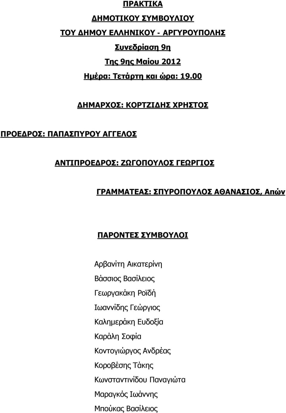 00 ΔΗΜΑΡΧΟΣ: ΚΟΡΤΖΙΔΗΣ ΧΡΗΣΤΟΣ ΠΡΟΕΔΡΟΣ: ΠΑΠΑΣΠΥΡΟΥ ΑΓΓΕΛΟΣ ΑΝΤΙΠΡΟΕΔΡΟΣ: ΖΩΓΟΠΟΥΛΟΣ ΓΕΩΡΓΙΟΣ ΓΡΑΜΜΑΤΕΑΣ: ΣΠΥΡΟΠΟΥΛΟΣ