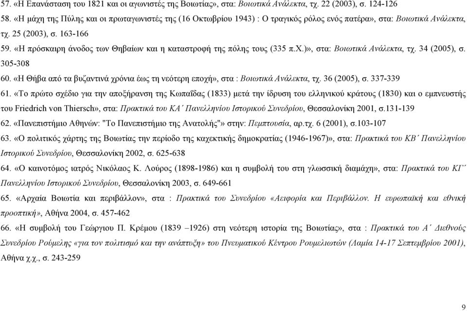 «Η πρόσκαιρη άνοδος των Θηβαίων και η καταστροφή της πόλης τους (335 π.χ.)», στα: Βοιωτικά Ανάλεκτα, τχ. 34 (2005), σ. 305-308 60.