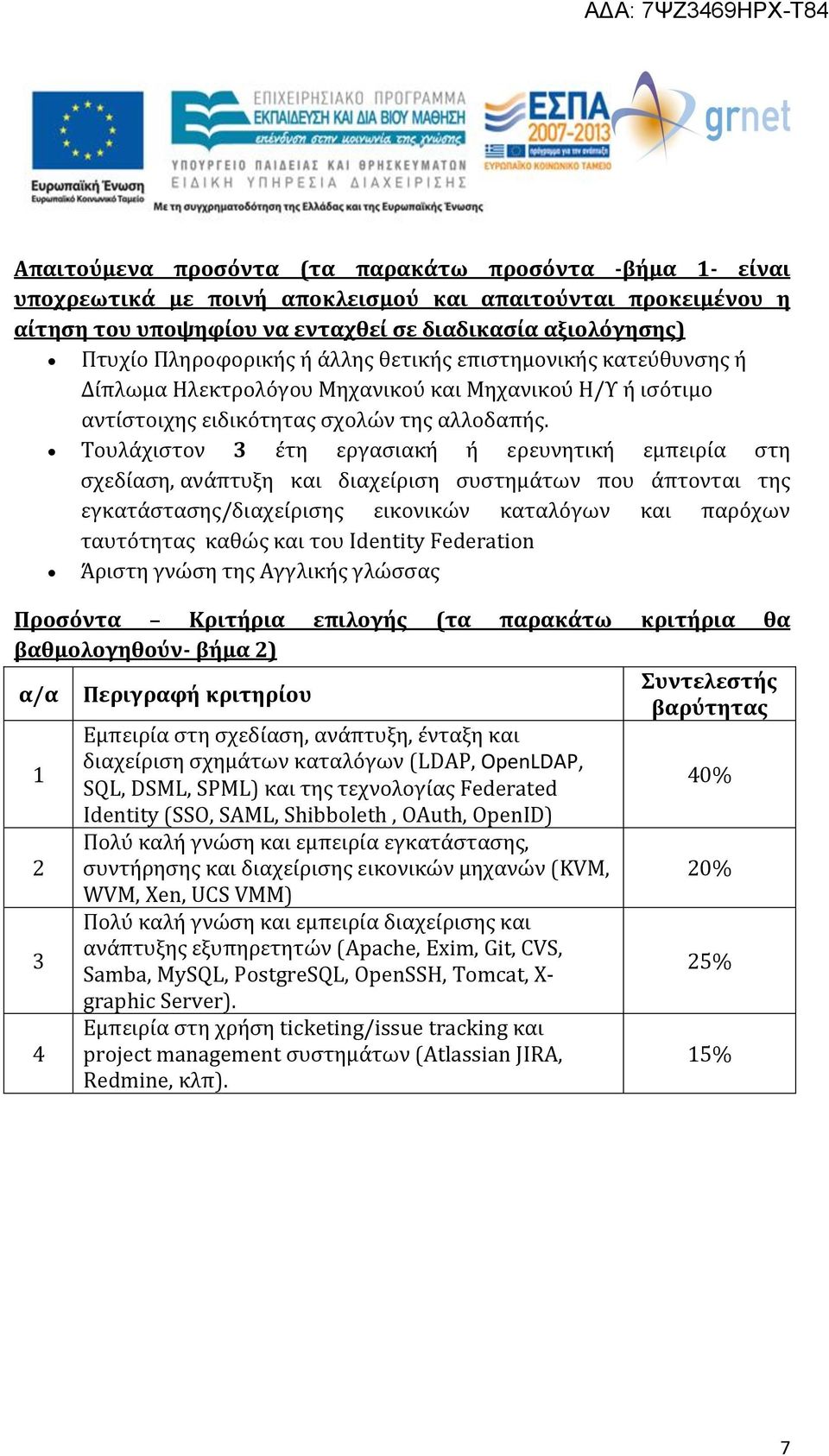 Τουλάχιστον 3 έτη εργασιακή ή ερευνητική εμπειρία στη σχεδίαση, ανάπτυξη και διαχείριση συστημάτων που άπτονται της εγκατάστασης/διαχείρισης εικονικών καταλόγων και παρόχων ταυτότητας καθώς και του