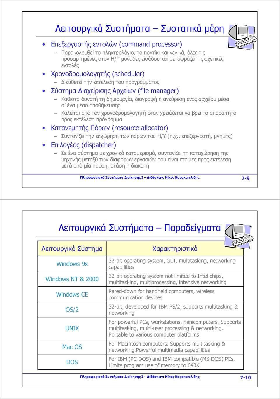 ένα μέσο αποθήκευσης Καλείται από τον χρονοδρομολογητή όταν χρειάζεται να βρει το απαραίτητο προς εκτέλεση πρόγραμμα Κατανεμητής Πόρων (resource allocator) Συντονίζει την εκχώρηση των πόρων του Η/Υ