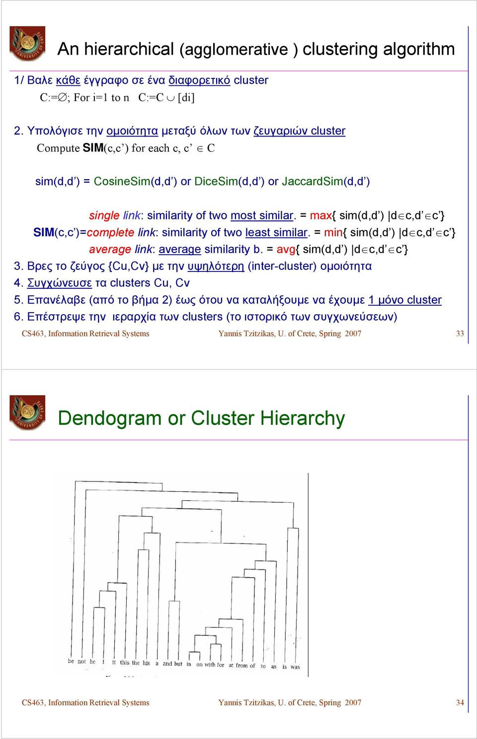 similar. = max{ sim(d,d ) d c,d c } SIM(c,c )=complete link: similarity of two least similar. = min{ sim(d,d ) d c,d c } average link: average similarity b. = avg{ sim(d,d ) d c,d c } 3.