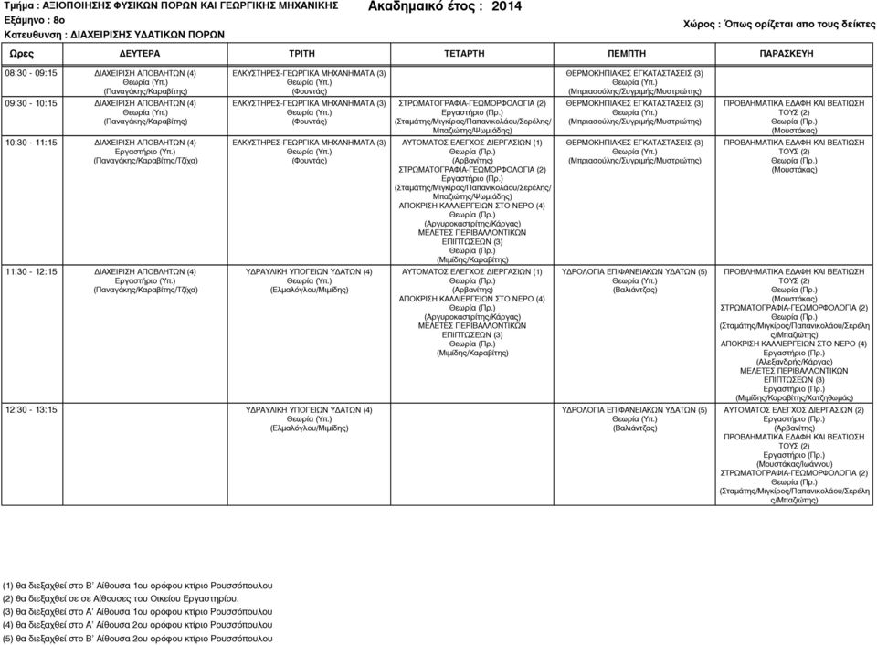 10:30-11:15 ΙΑΧΕΙΡΙΣΗ ΑΠΟΒΛΗΤΩΝ (4) (Παναγάκης/Καραβίτης/Τζίχα) ΕΛΚΥΣΤΗΡΕΣ-ΓΕΩΡΓΙΚΑ ΜΗΧΑΝΗΜΑΤΑ (3) ΑΥΤΟΜΑΤΟΣ ΕΛΕΓΧΟΣ ΙΕΡΓΑΣΙΩΝ (1) ΣΤΡΩΜΑΤΟΓΡΑΦΙΑ-ΓΕΩΜΟΡΦΟΛΟΓΙΑ (2) Μπαζιώτης/Ψωµιάδης) ΑΠΟΚΡΙΣΗ